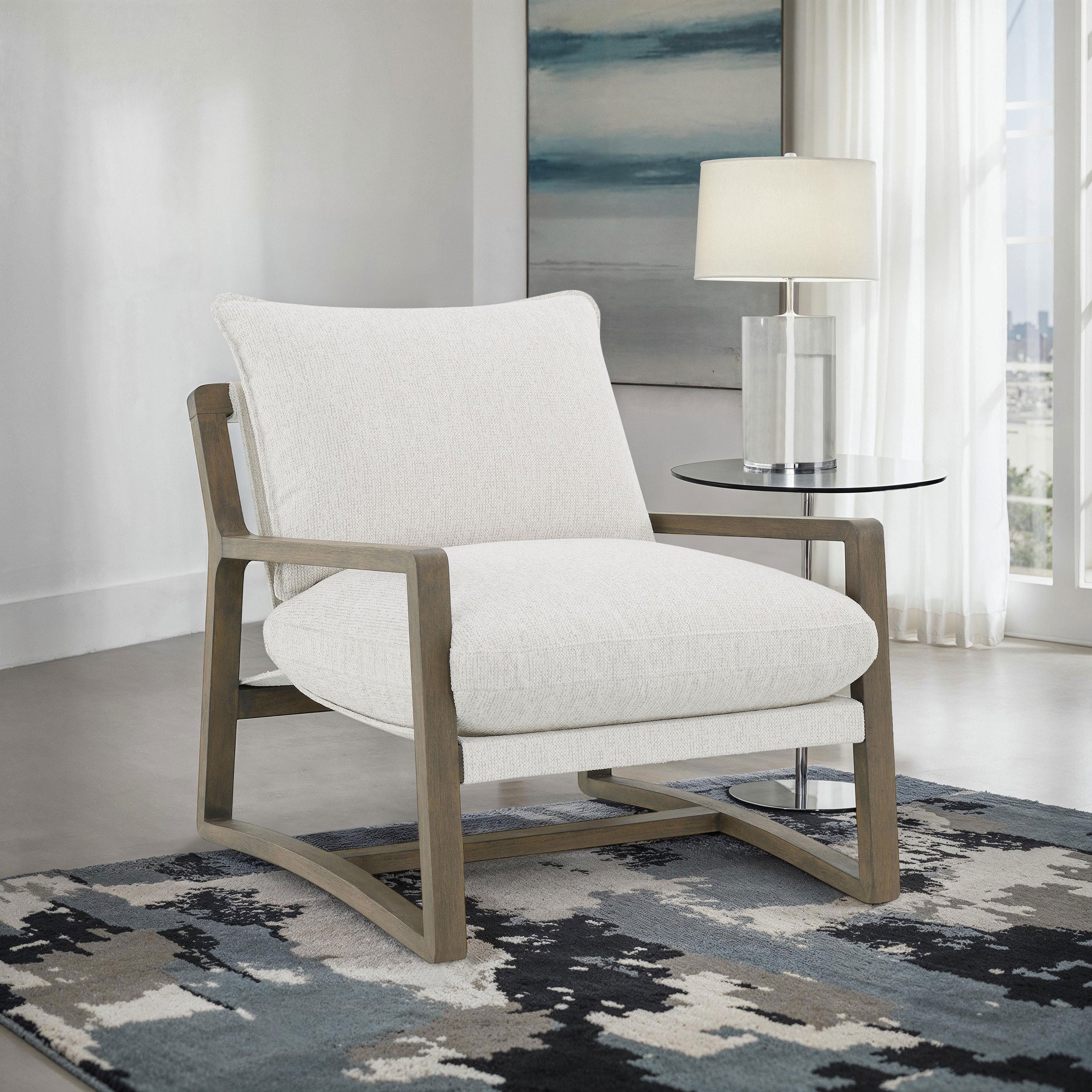 Geneva Boucle Upholstered Wood Arm Accent Chair Sand — view 2