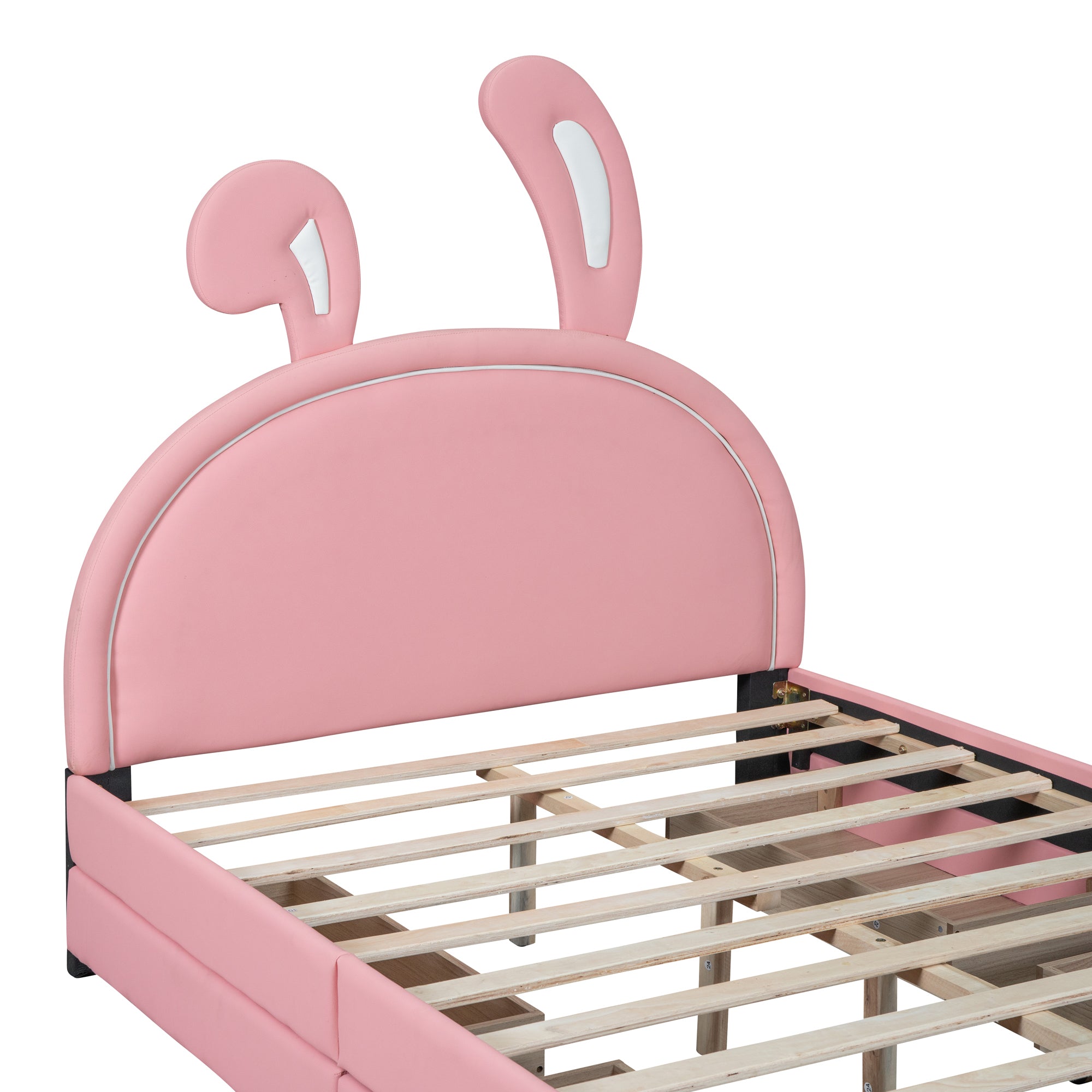 Full Size Upholstered Leather Platform Bed with Rabbit Ornament and 4 Drawers, Pink - Atlantic Fine Furniture Melbourne FL