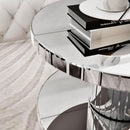Luxury Double Tier Round Mirror Coffee & End Table With Fluted Glass Modern Sofa Side Table - Silver / Glass