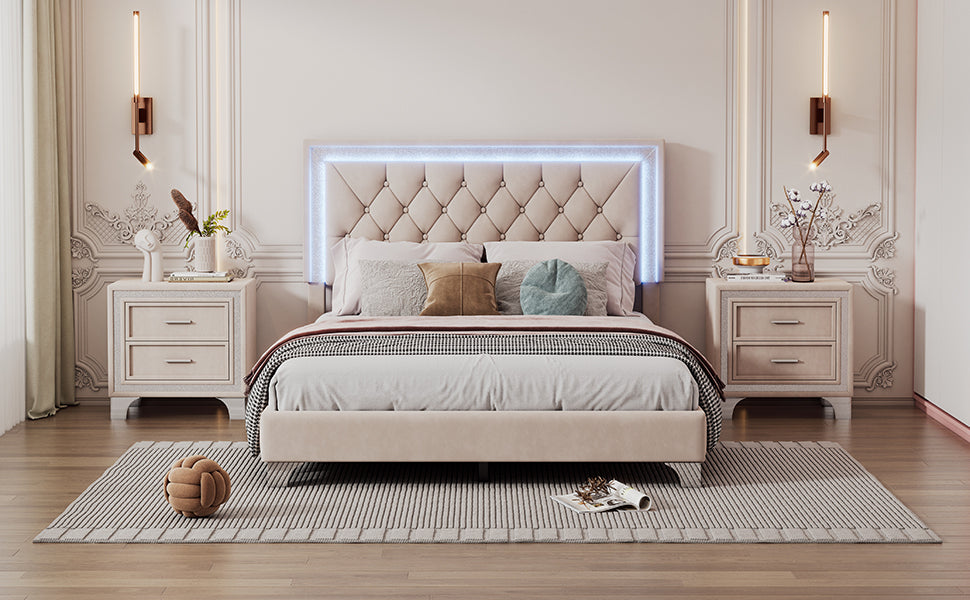 Full Size Upholstered Bed Frame with LED Lights,Modern Velvet Platform Bed with Tufted Headboard,Beige - Atlantic Fine Furniture Melbourne FL