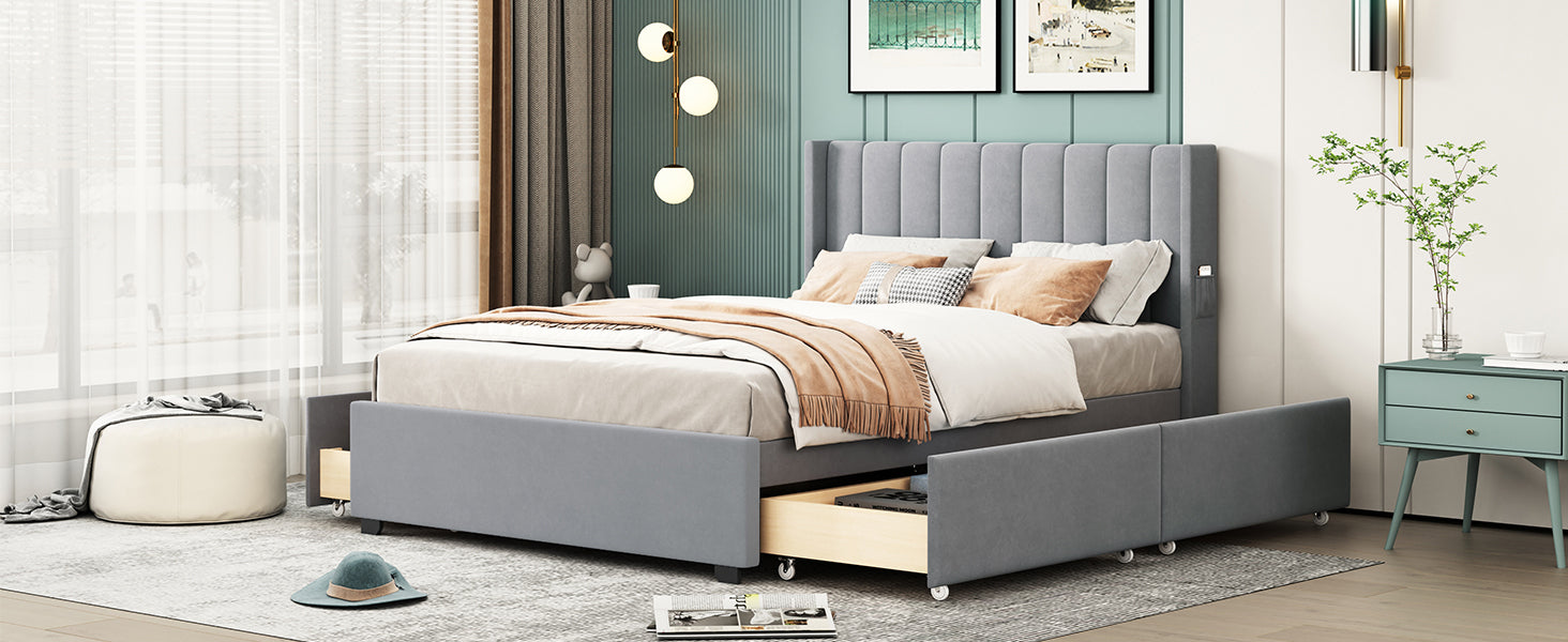Full Size Upholstered Bed with 4 Drawers, Gray - Atlantic Fine Furniture Melbourne FL
