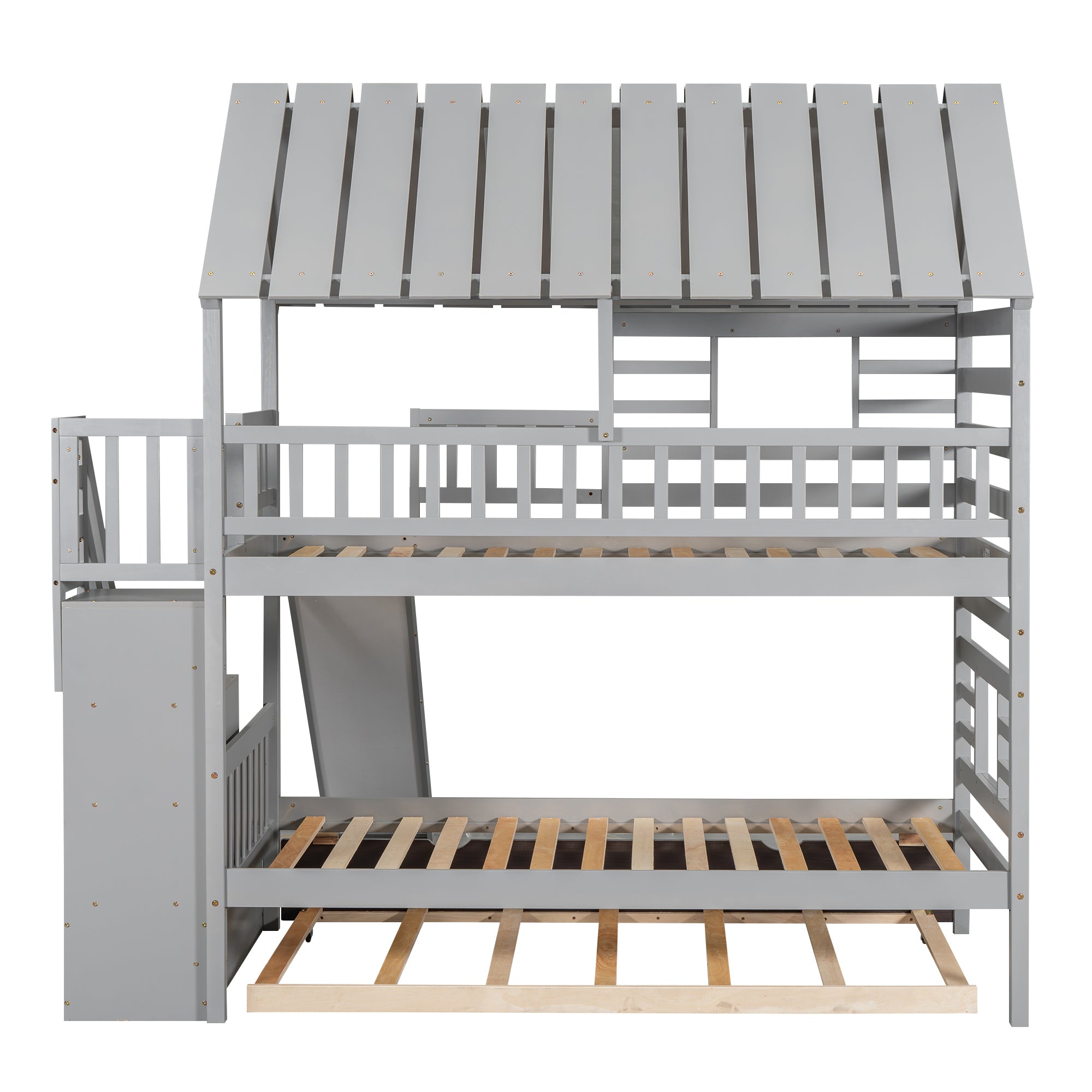 Twin over Twin House Bunk Bed with Trundle and Slide, Storage Staircase, Roof and Window Design, Gray(Old SKU: GX000931AAE) - Atlantic Fine Furniture Melbourne FL