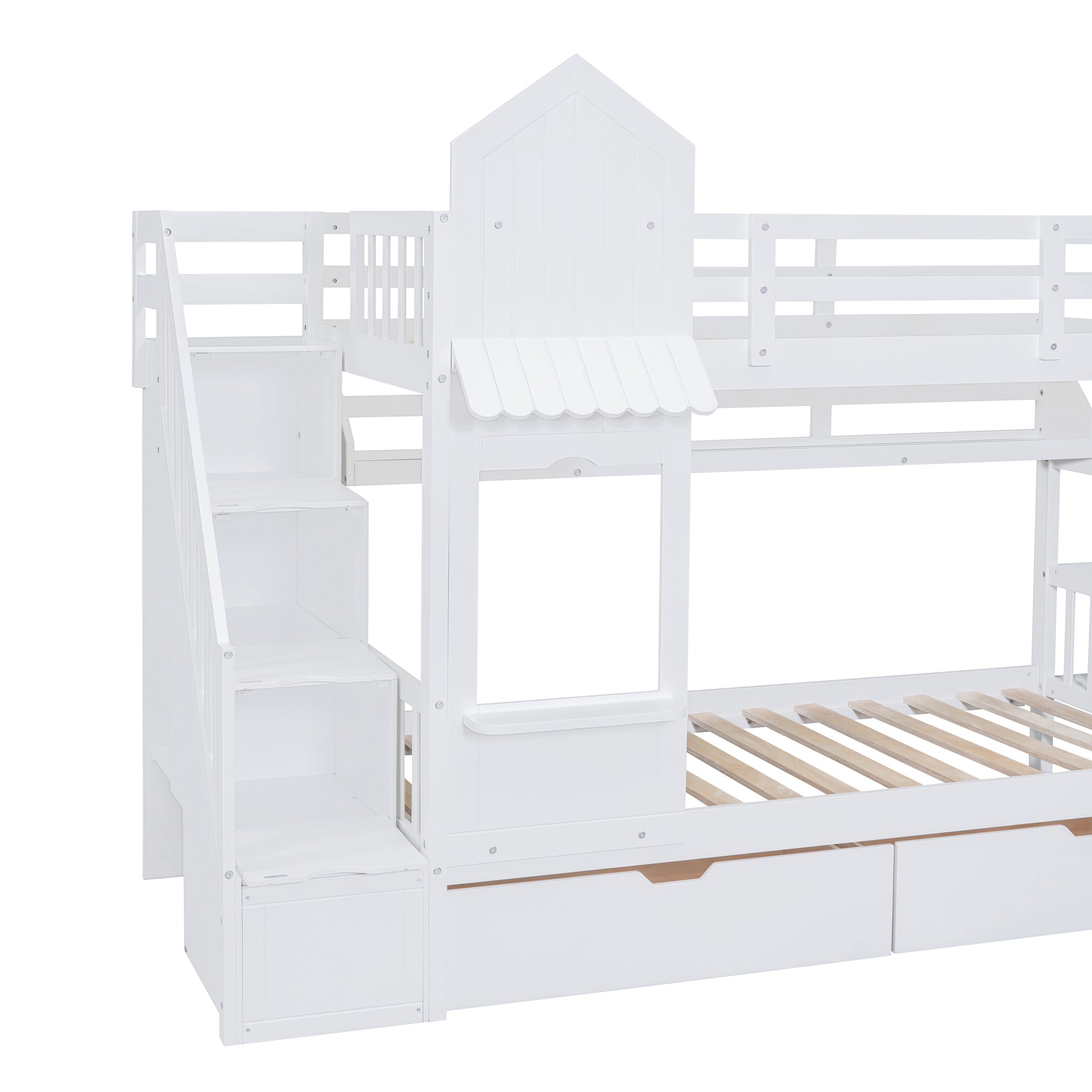 Twin-Over-Twin Castle Style Bunk Bed with 2 Drawers 3 Shelves and Slide - White - Atlantic Fine Furniture Melbourne FL