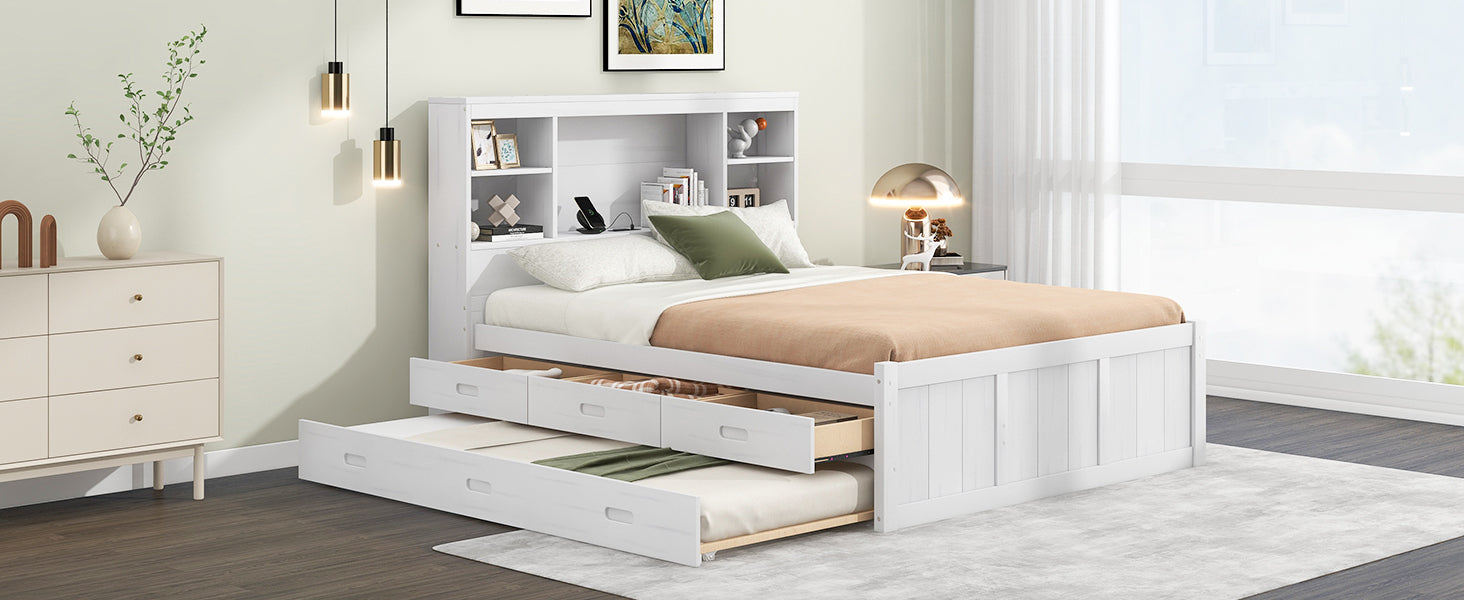 Full Size Platform Bed with Storage Headboard, Charging Station, Twin Size Trundle and 3 Drawers, Antique White - Atlantic Fine Furniture Melbourne FL