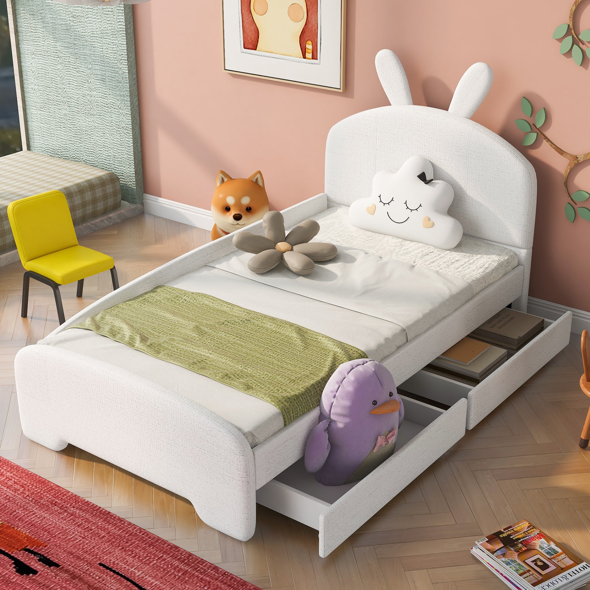Twin Size Upholstered Platform Bed with Cartoon Ears Shaped Headboard and 2 Drawers, White - Atlantic Fine Furniture Melbourne FL