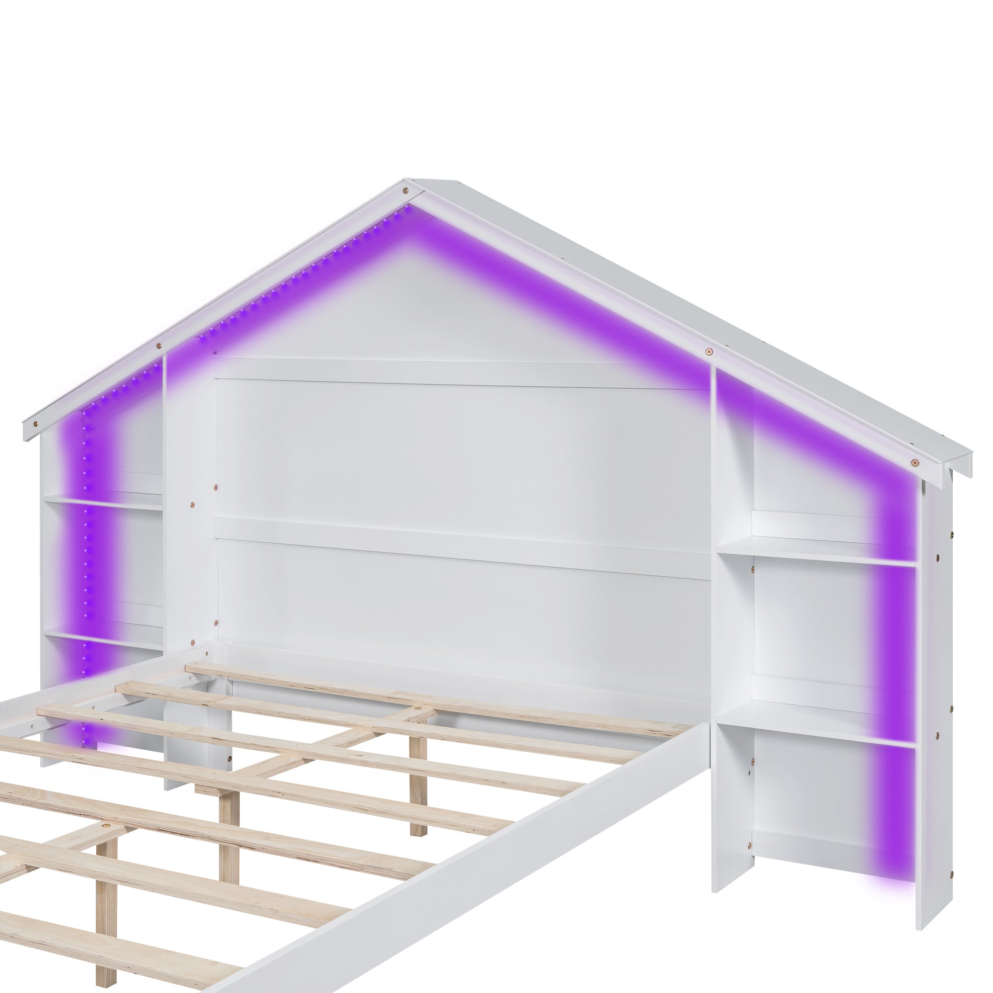 Wood Full Size Platform Bed with House-shaped Storage Headboard and Built-in LED, White - Atlantic Fine Furniture Melbourne FL