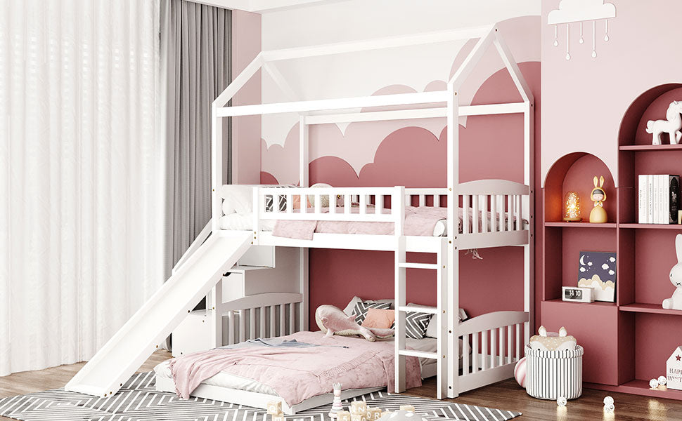 Twin Over Twin Bunk Bed with Two Drawers and Slide, House Bed with Slide, White(OLD SKU :LP000129AAK) - Atlantic Fine Furniture Melbourne FL