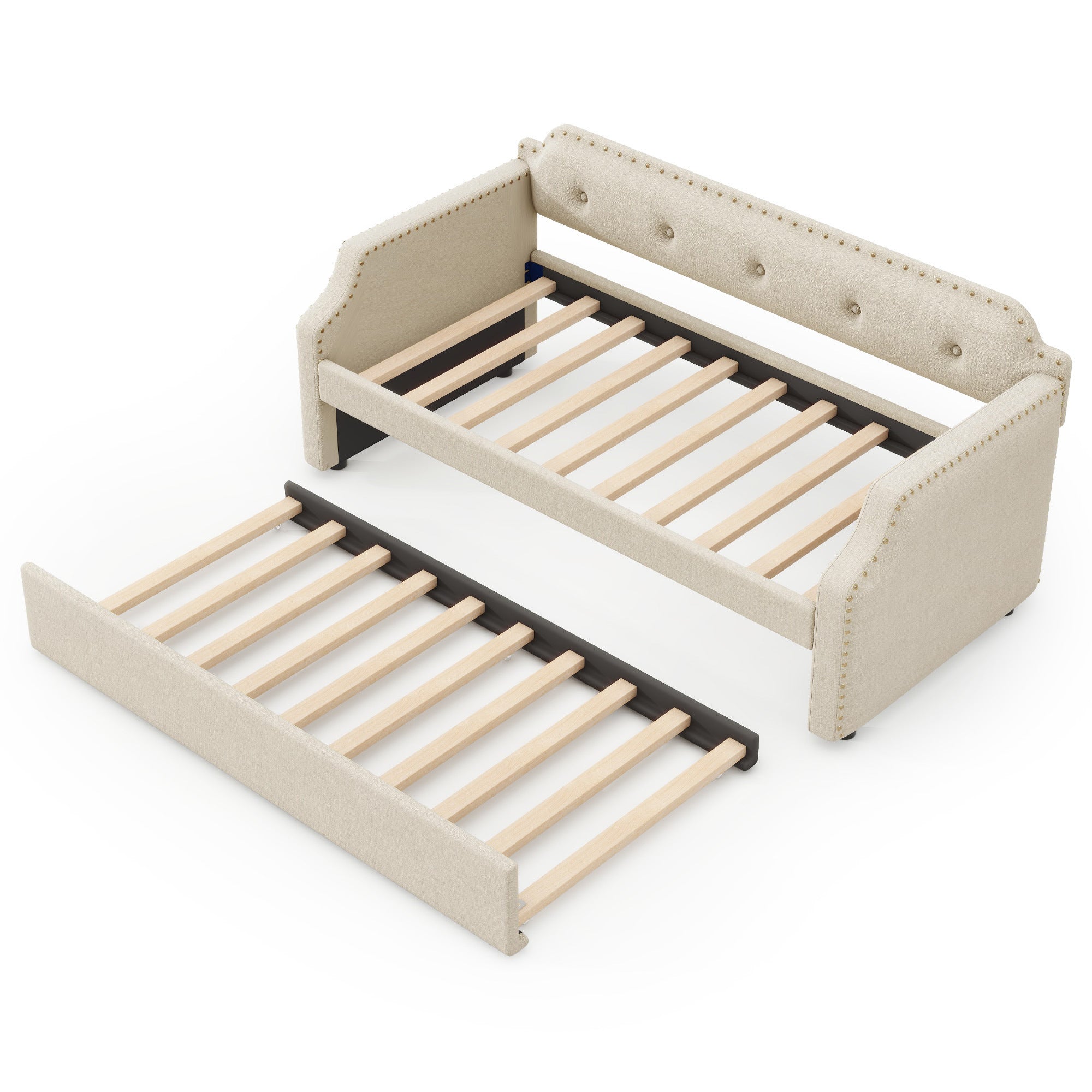 Upholstered Daybed with Trundle, Wood Slat Support,Upholstered Frame Sofa Bed, Twin, Beige - Atlantic Fine Furniture Melbourne FL