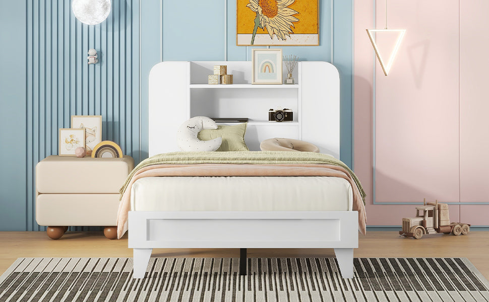 Twin Size Platform Bed with Storage Headboard,Multiple Storage Shelves on Both Sides,White - Atlantic Fine Furniture Melbourne FL