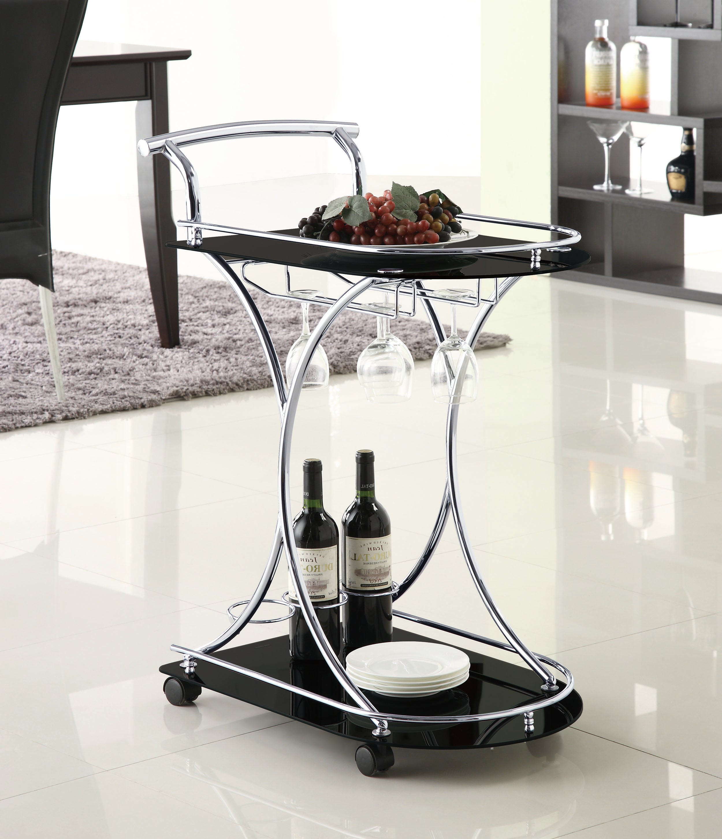 Elfman 2-tier Glass Shelf Metal Bar Cart Black and Chrome — view 2