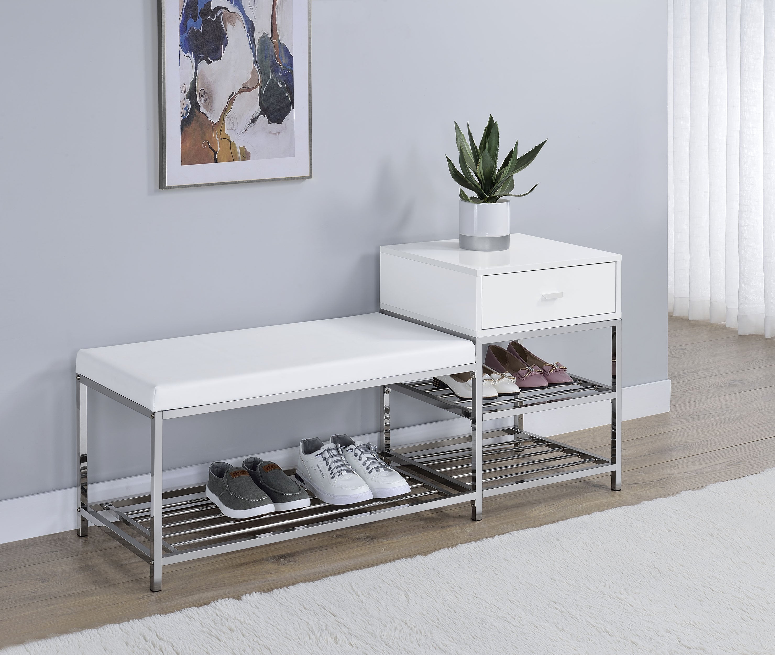 Siega 1-Drawer Shoe Storage Entryway Bench White High Gloss and Chrome — view 2