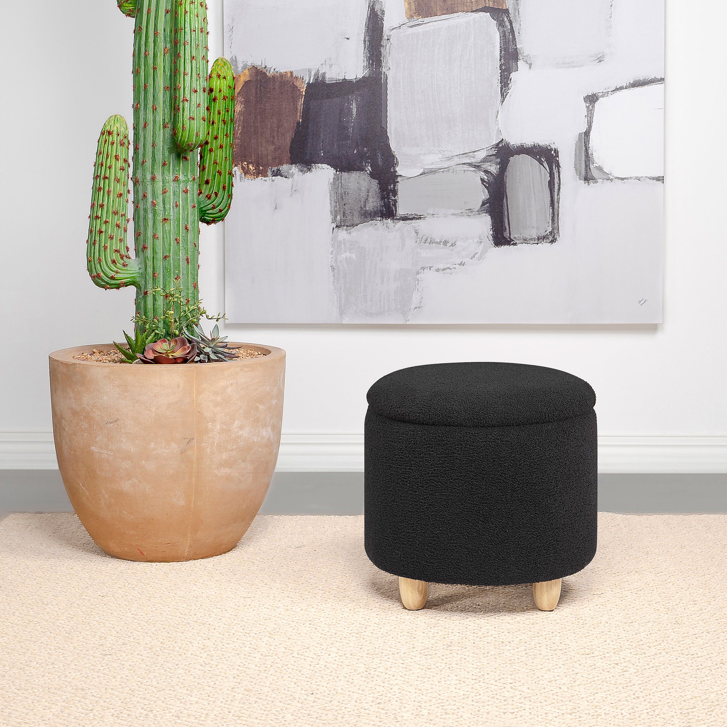 Valia Faux Sheepskin Upholstered Round Storage Ottoman Black — view 2