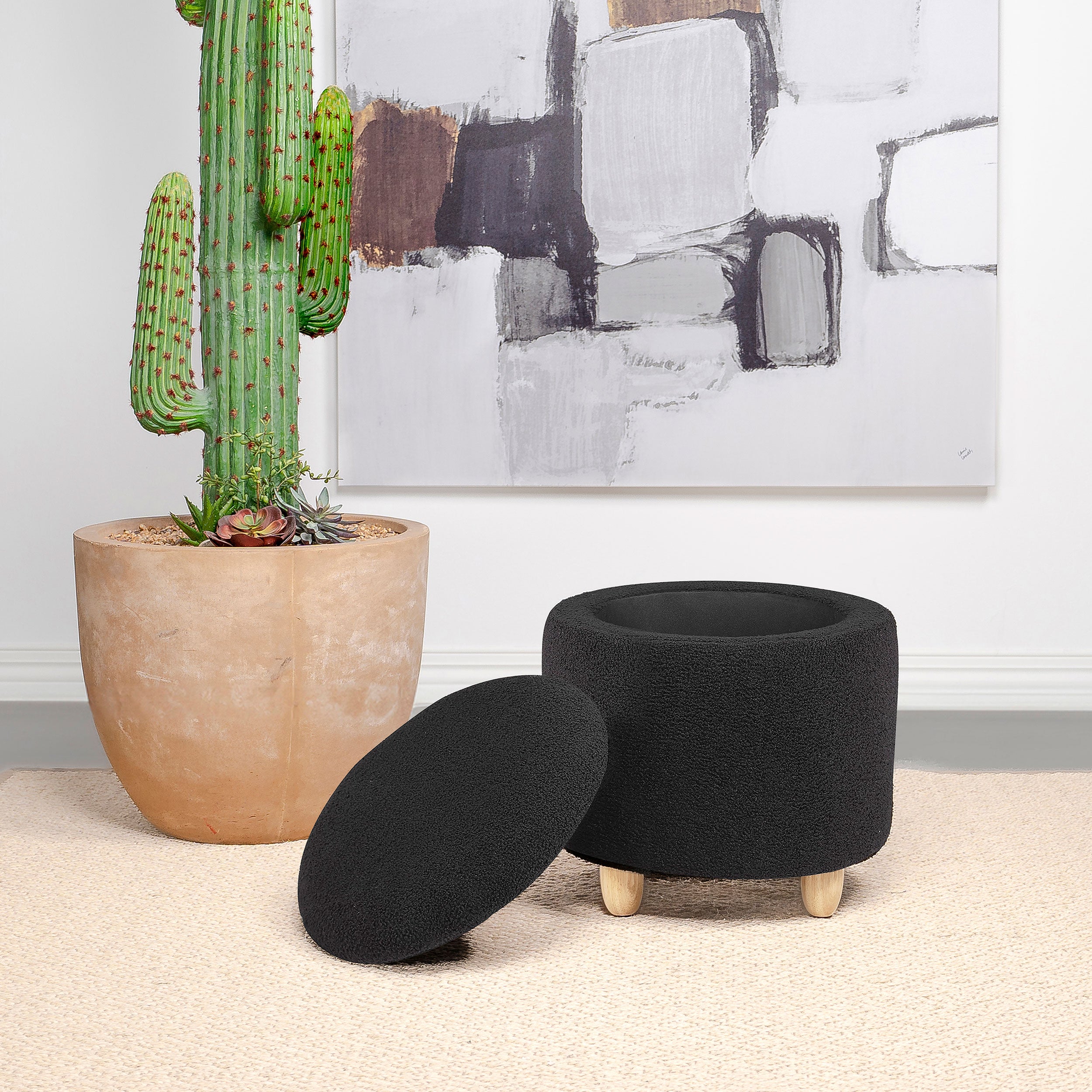 Valia Faux Sheepskin Upholstered Round Storage Ottoman Black — view 3