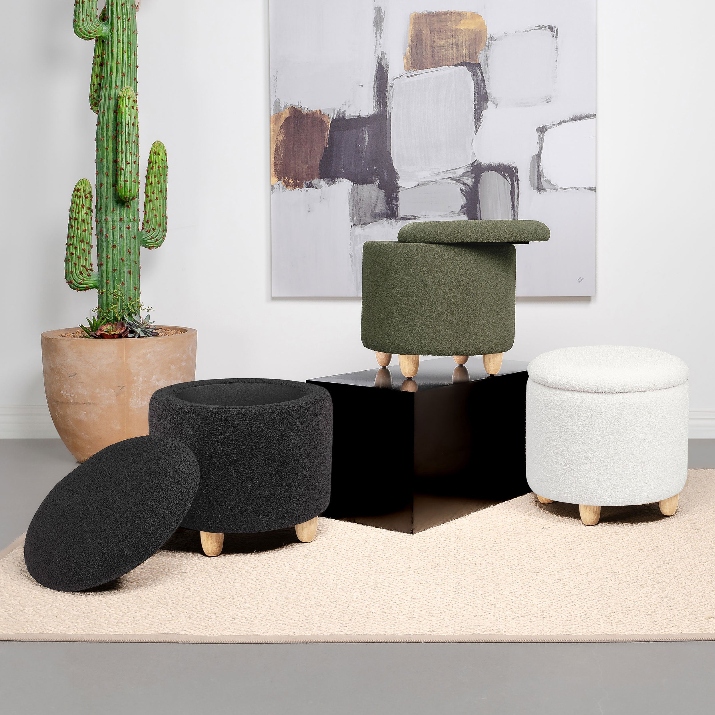 Valia Faux Sheepskin Upholstered Round Storage Ottoman Black — view 7