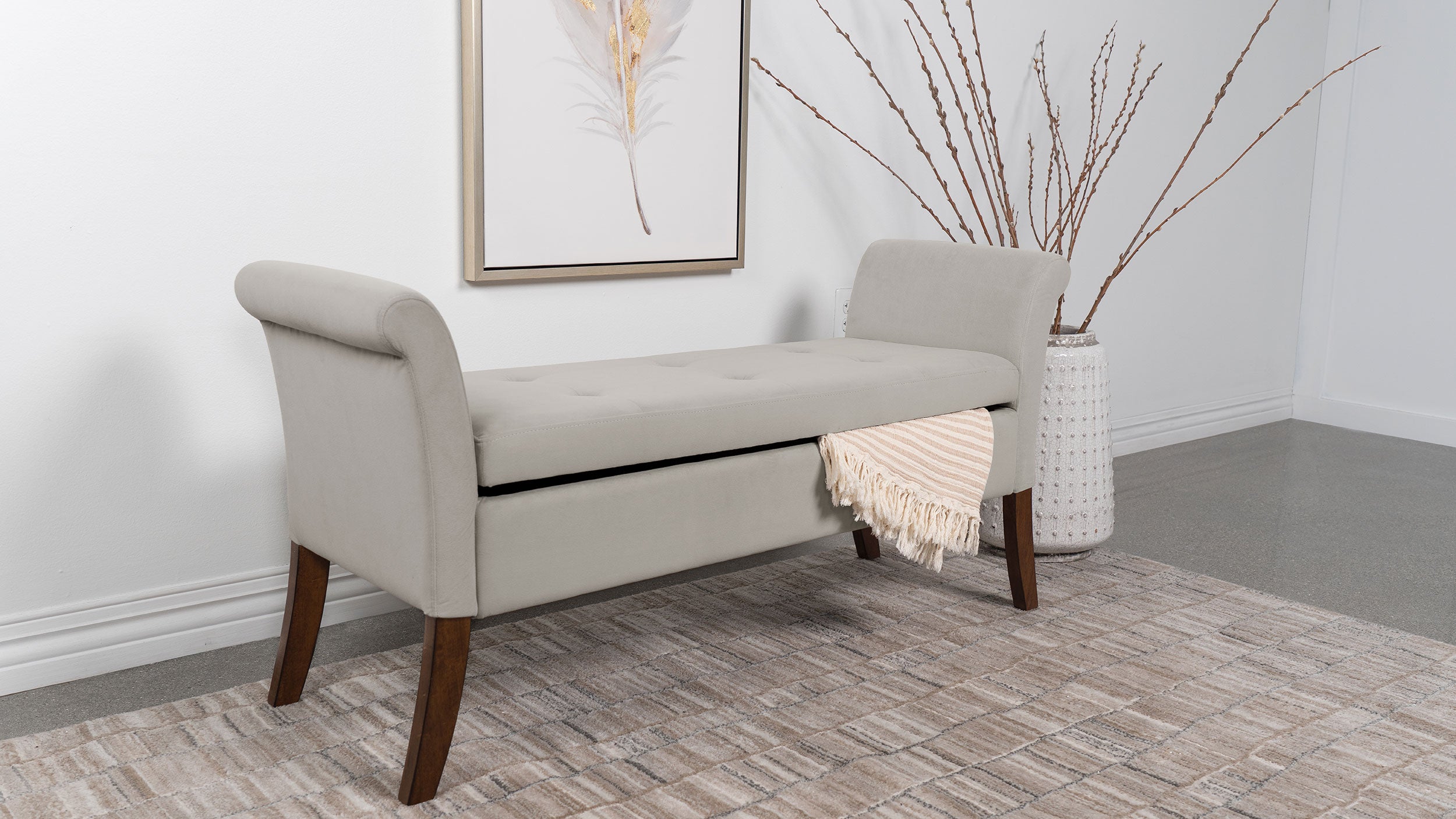 Farrah Velvet Upholstered Rolled Arm Storage Bench Beige — view 2