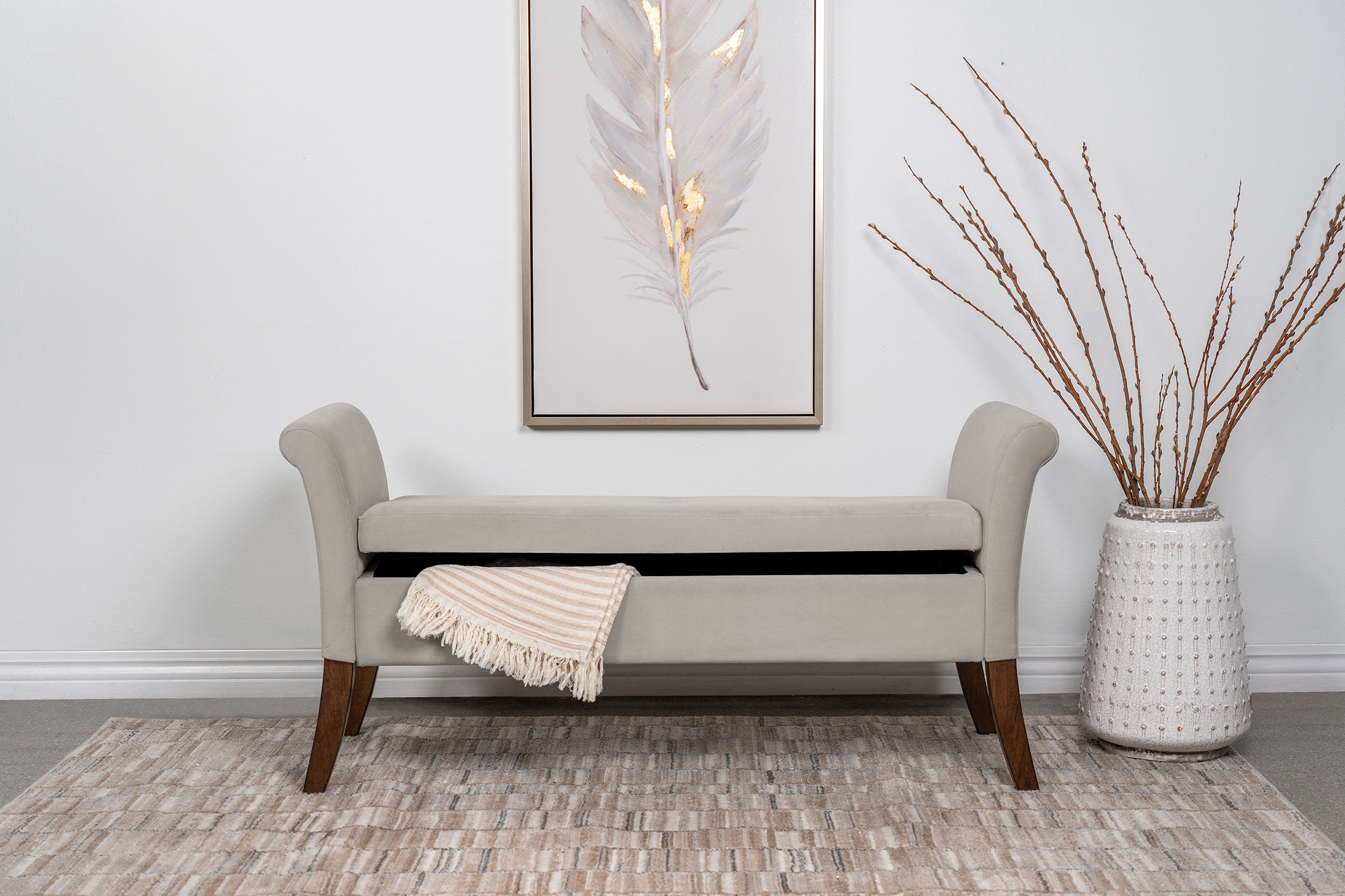 Farrah Velvet Upholstered Rolled Arm Storage Bench Beige — view 14
