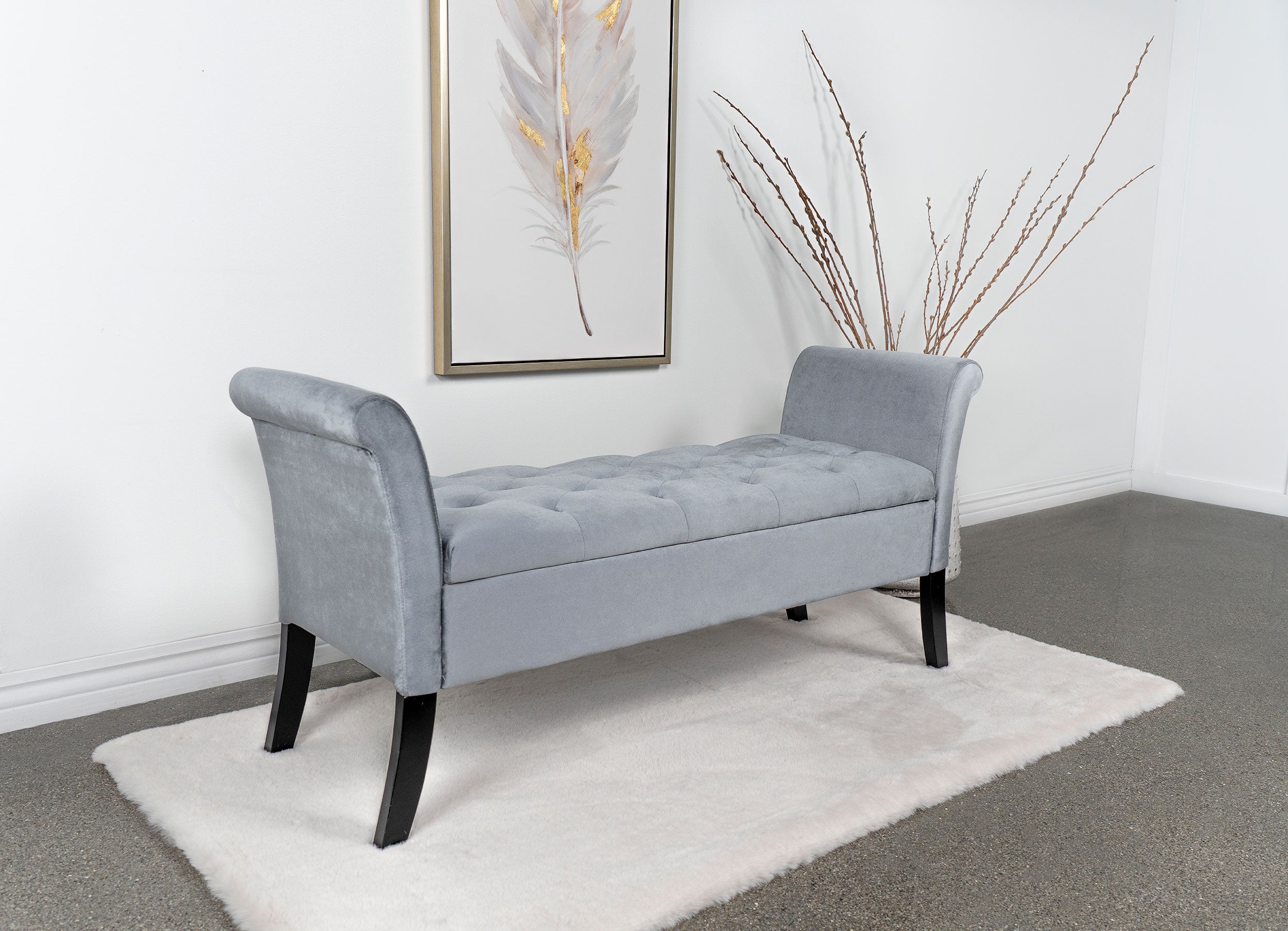 Farrah Velvet Upholstered Rolled Arm Storage Bench Silver — view 2