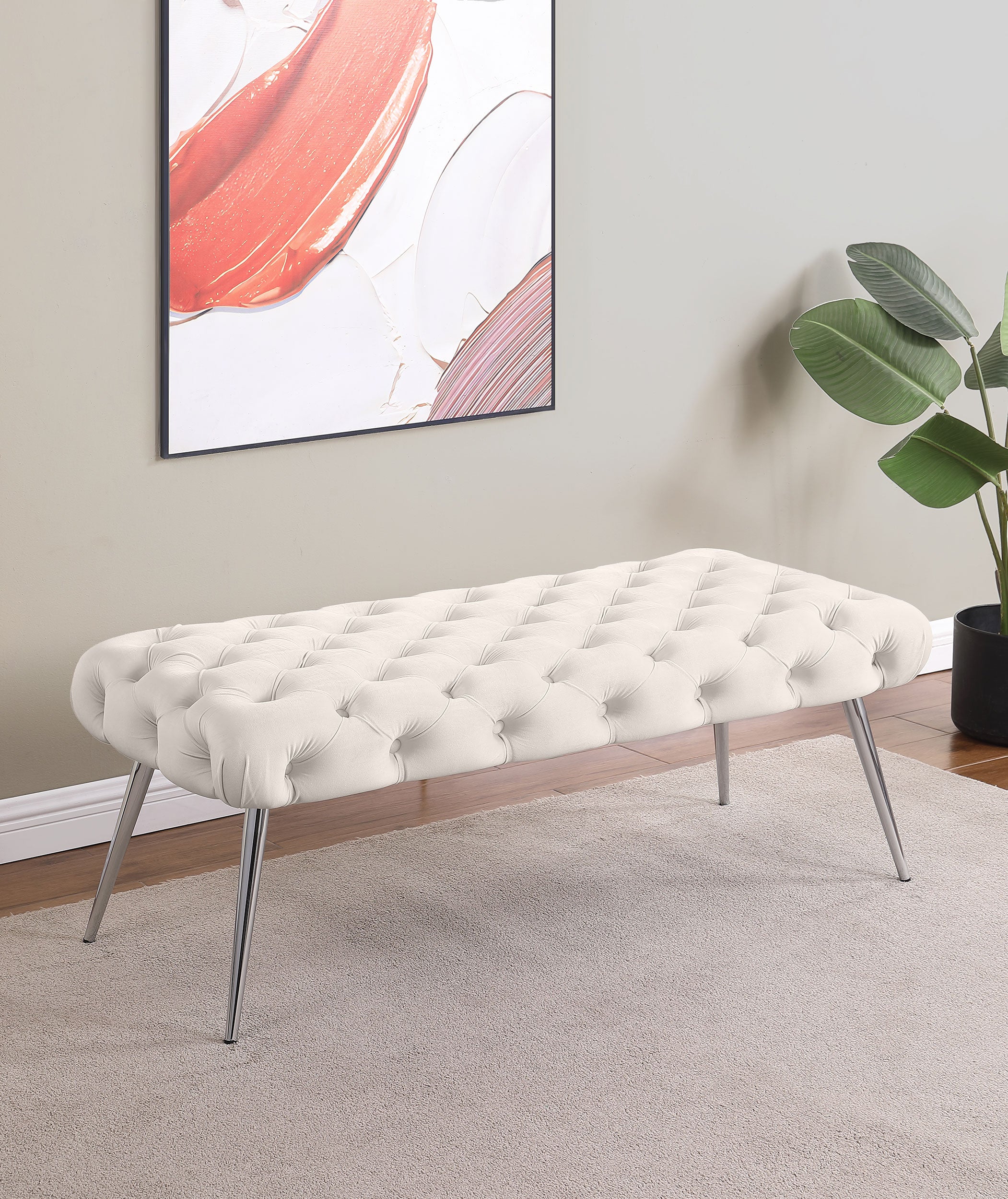 Ella Upholstered Tufted Bench Stainless Steel Legs Ivory — view 2