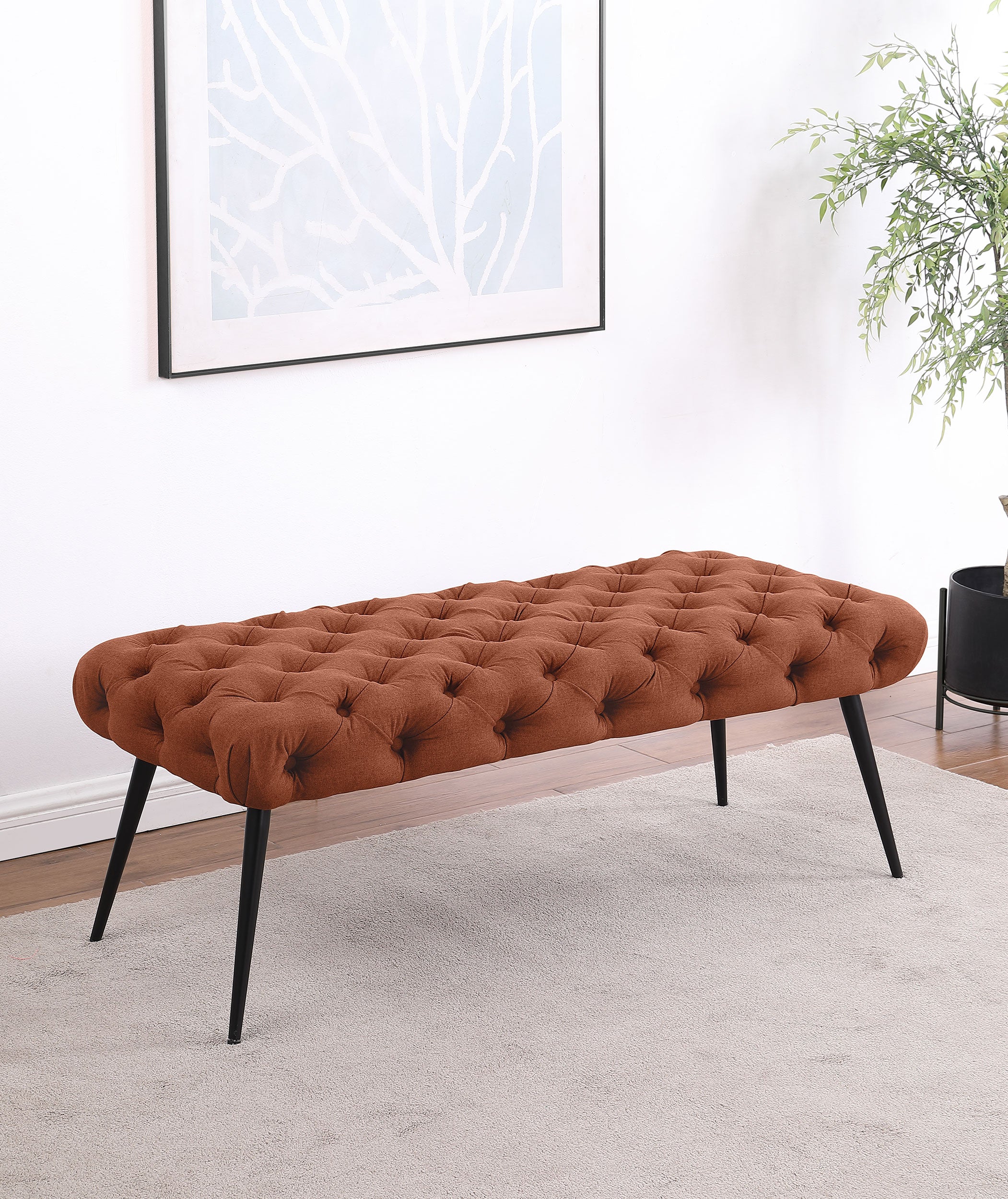 Ella Upholstered Tufted Bench Metal Legs Rust — view 2