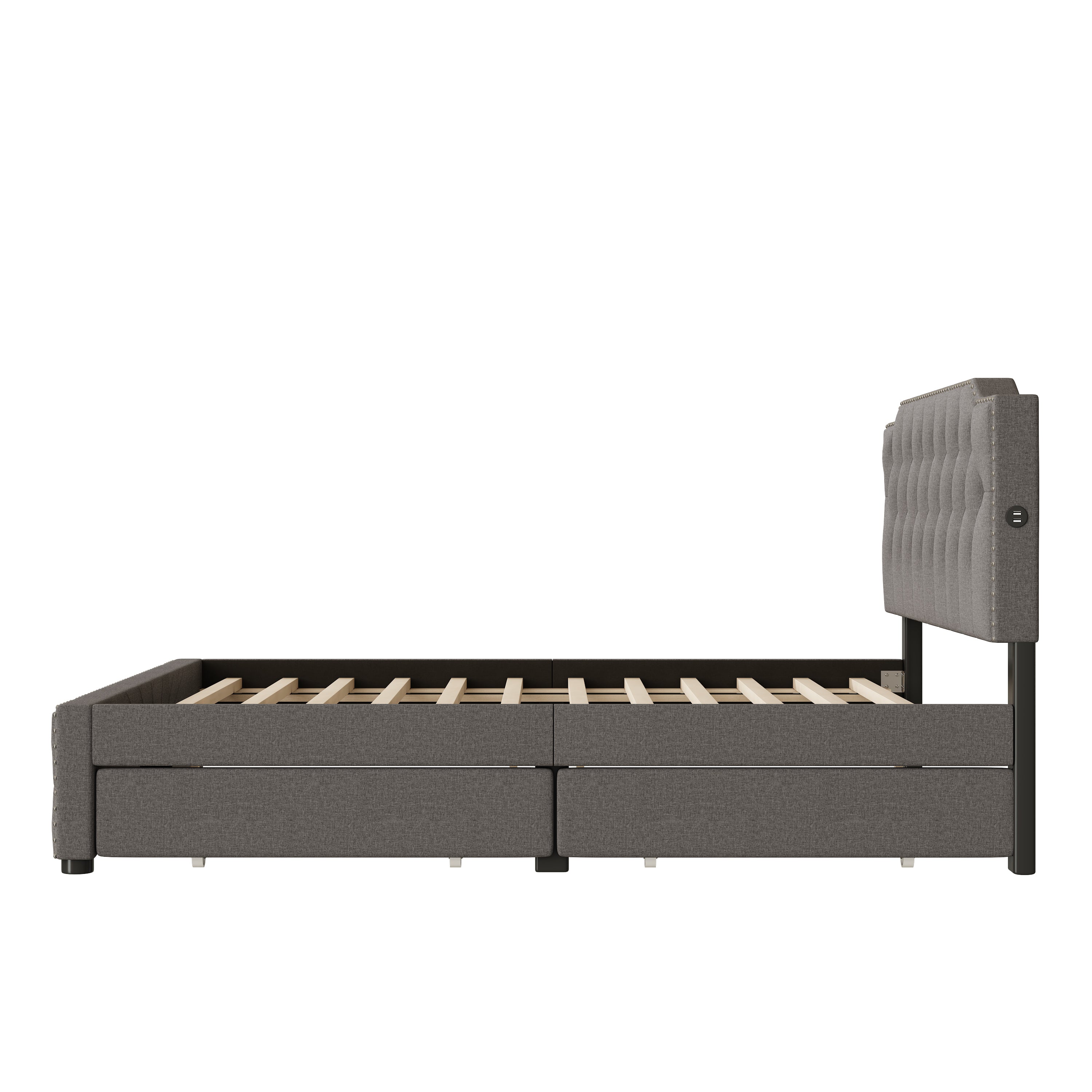 Queen Size Upholstered Platform Bed with 2 Drawers and 2 sets of USB Ports on each side, Linen Fabric, Gray - Atlantic Fine Furniture Melbourne FL