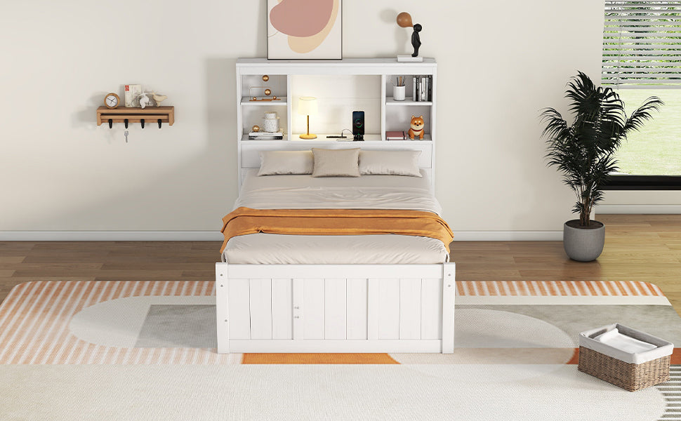 Twin Size Platform Bed with Storage Headboard, Charging Station, Twin Size Trundle and 3 Drawers, Antique White - Atlantic Fine Furniture Melbourne FL