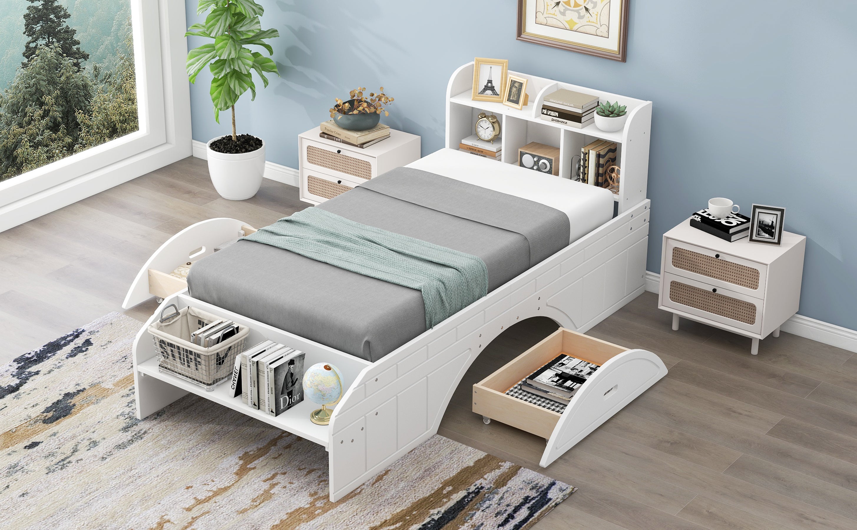 Wood Twin Size Platform Bed with 2 Drawers, Storage Headboard and Footboard, White - Atlantic Fine Furniture Melbourne FL