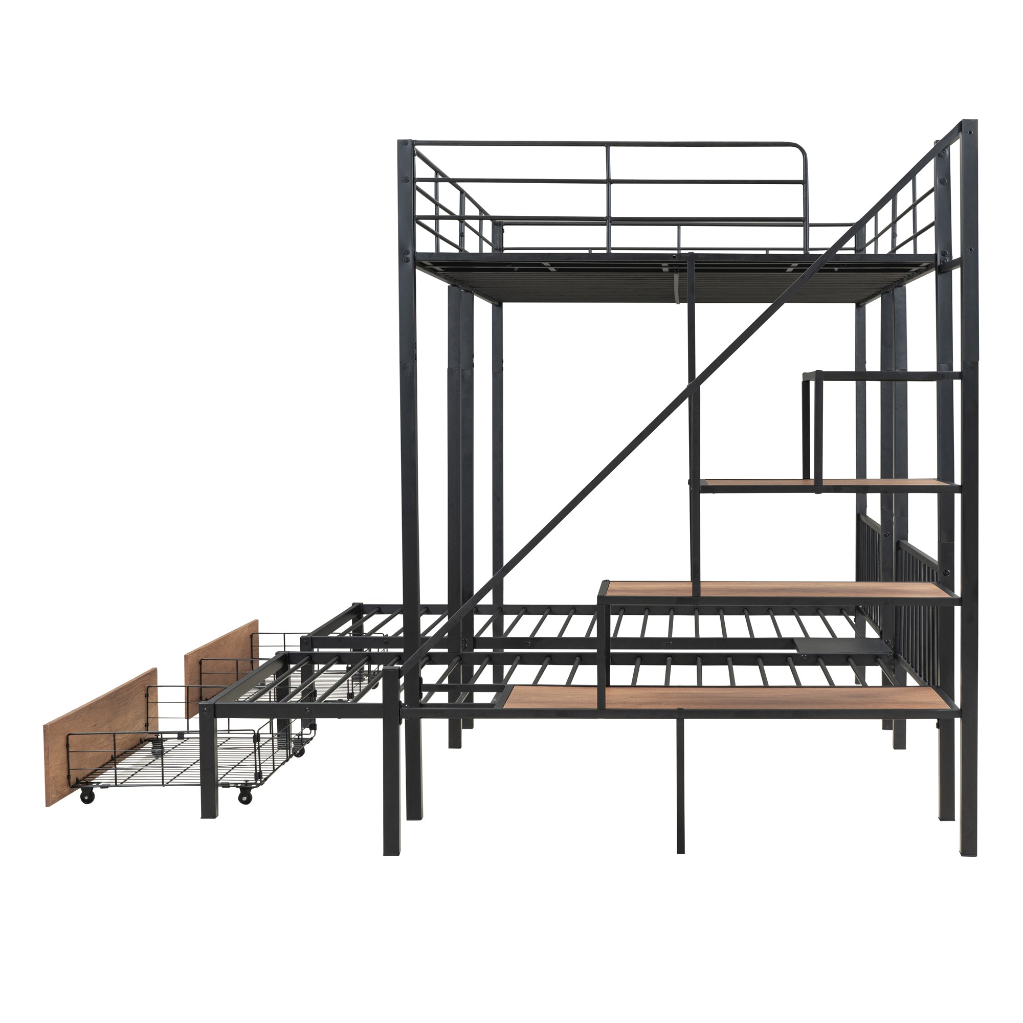 Full over Twin-Twin Triple bunk bed with drawers and staircase, Black - Atlantic Fine Furniture Melbourne FL