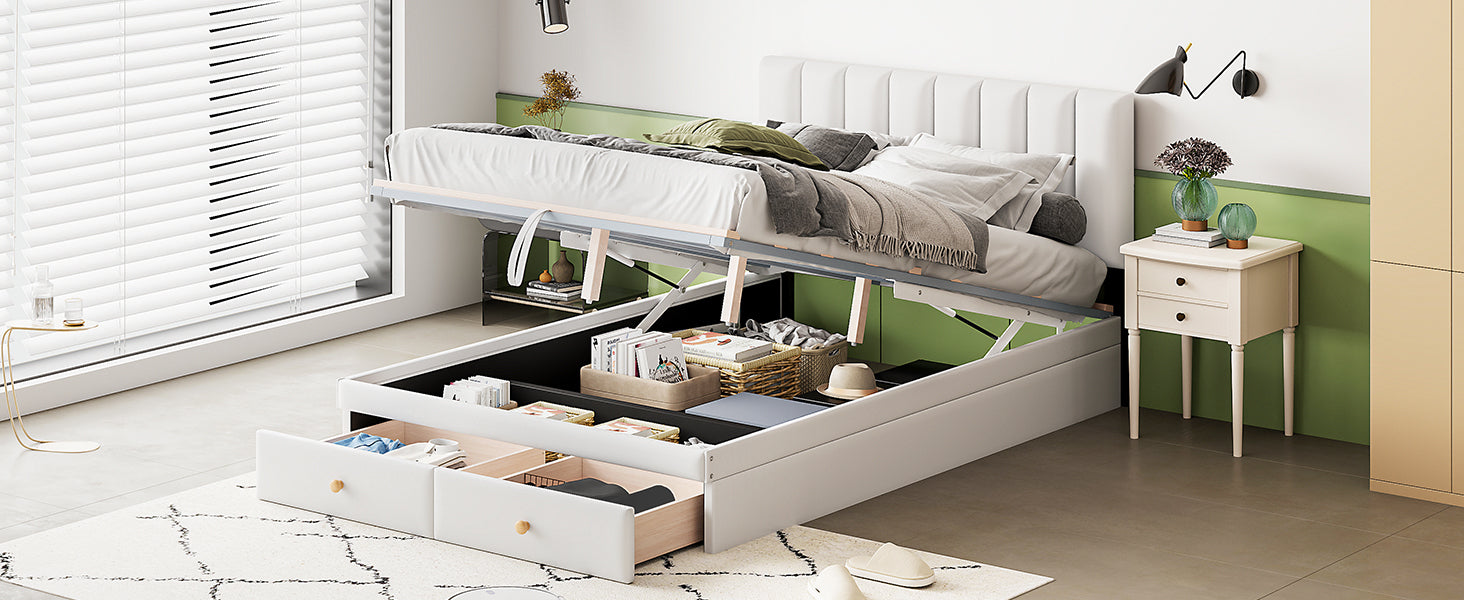 Full Size Upholstered Bed with Hydraulic Storage System and Drawer, White - Atlantic Fine Furniture Melbourne FL