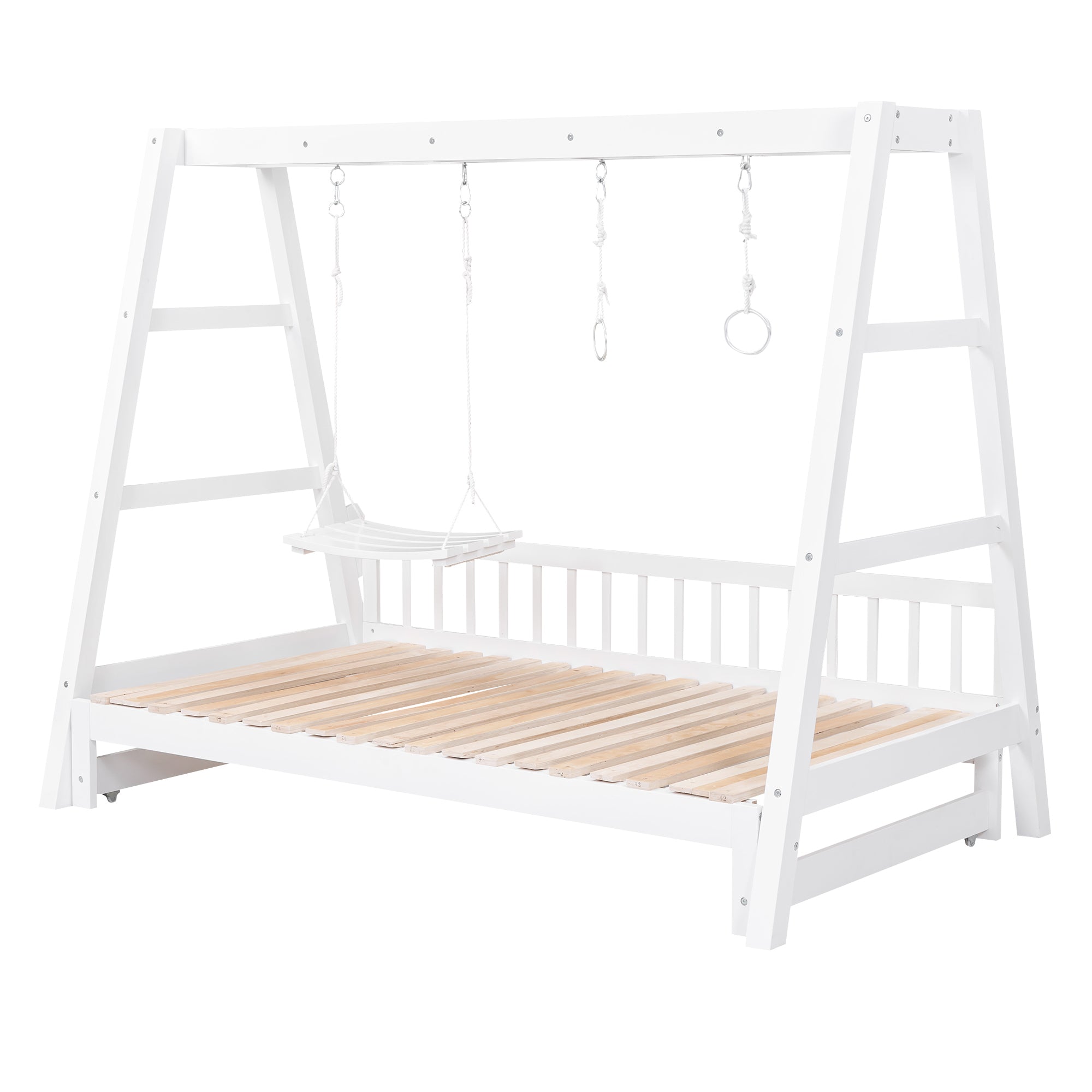 Extendable Twin Daybed with Swing and Ring Handles, White(Twin bed can be pulled out to be King) - Atlantic Fine Furniture Melbourne FL