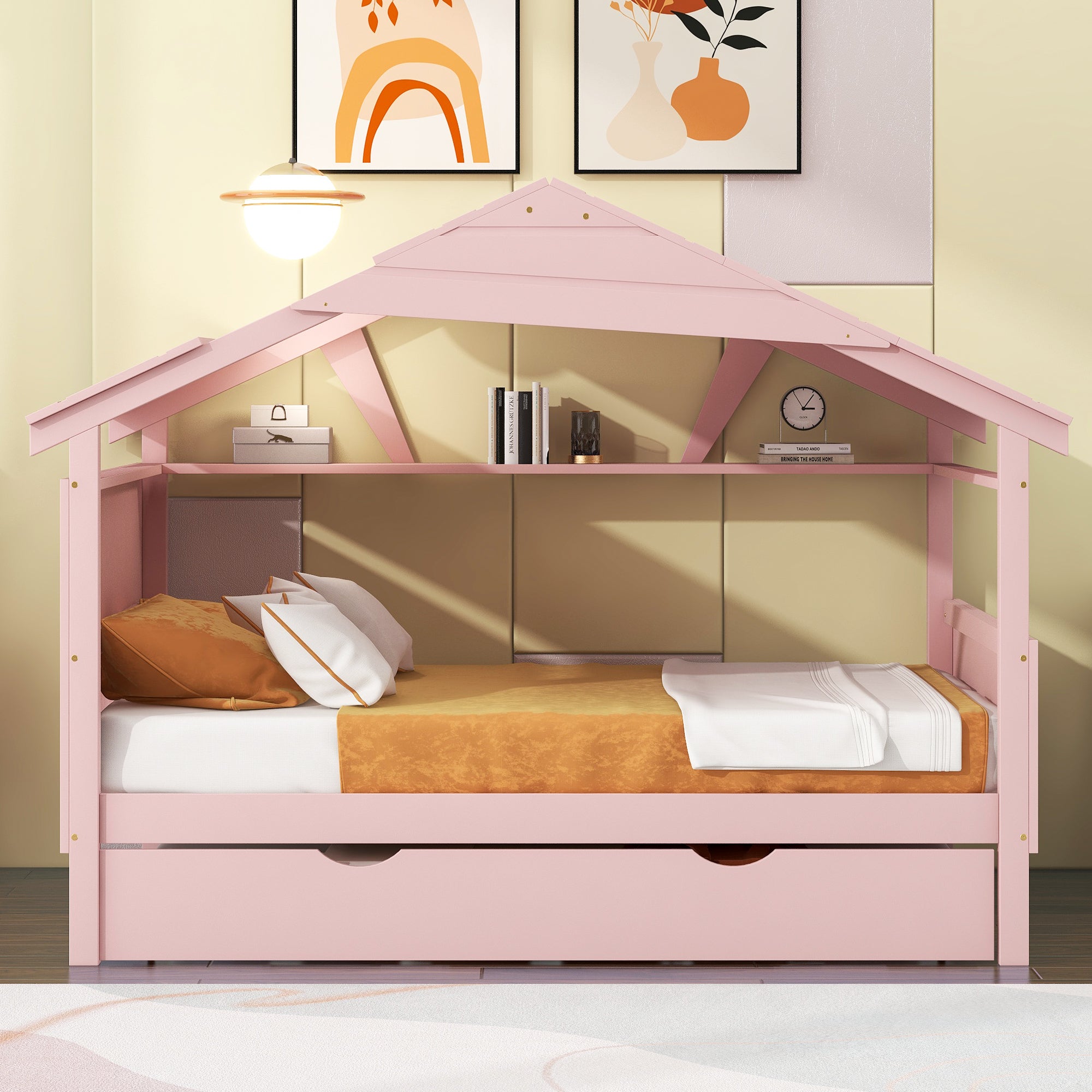 Wood Full Size House Bed with Twin Size Trundle and Storage, Pink - Atlantic Fine Furniture Melbourne FL