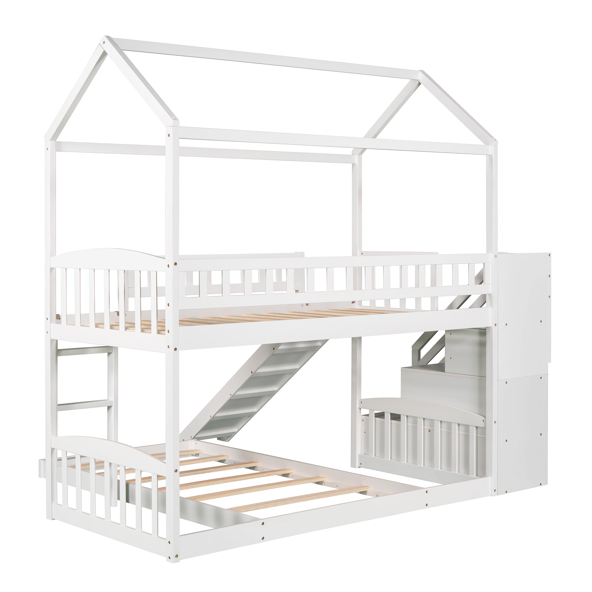 Twin Over Twin Bunk Bed with Two Drawers and Slide, House Bed with Slide, White(OLD SKU :LP000129AAK) - Atlantic Fine Furniture Melbourne FL