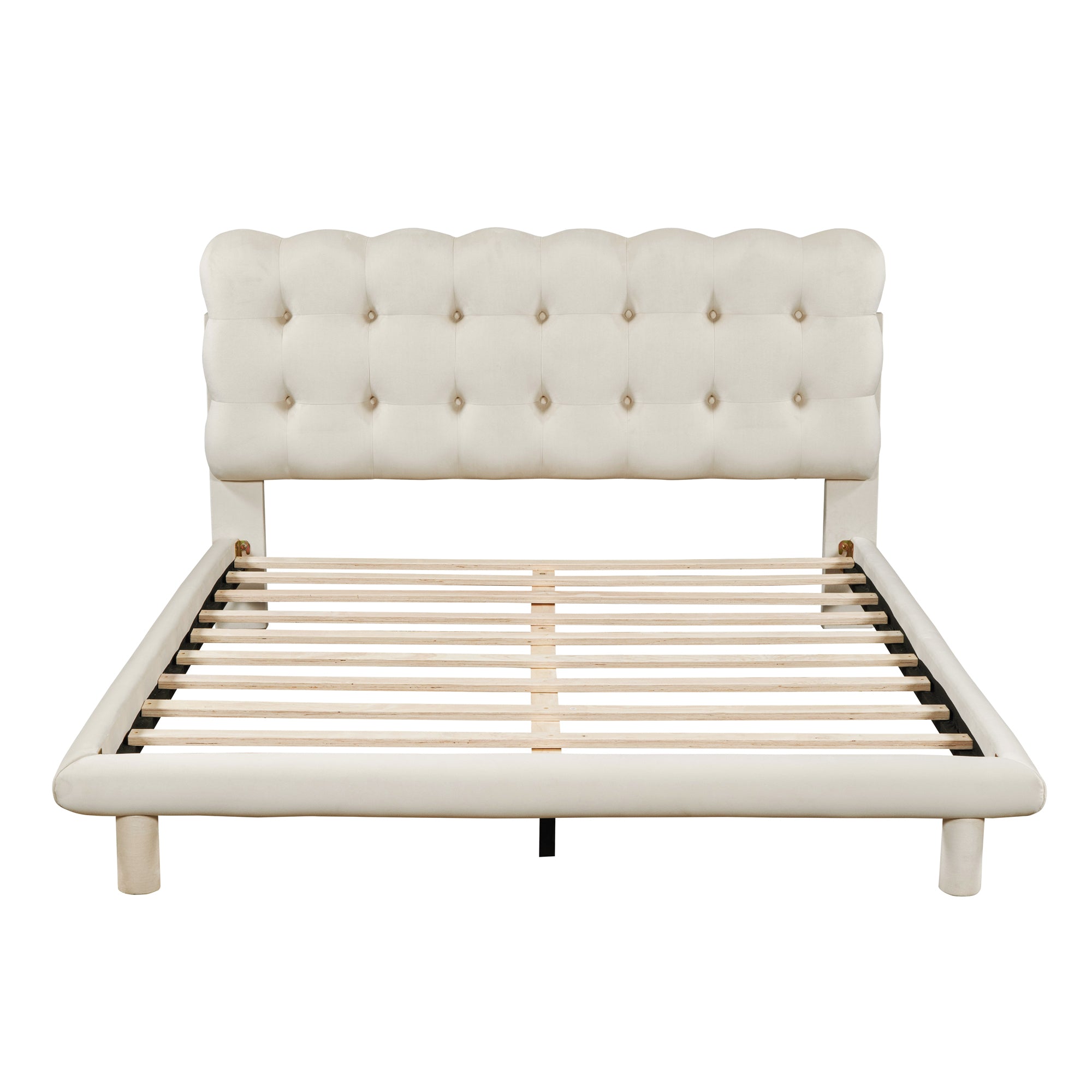 Queen Size Velvet Platform Bed with LED Frame, Thick & Soft Fabric and Button-tufted Design Headboard, Beige - Atlantic Fine Furniture Melbourne FL