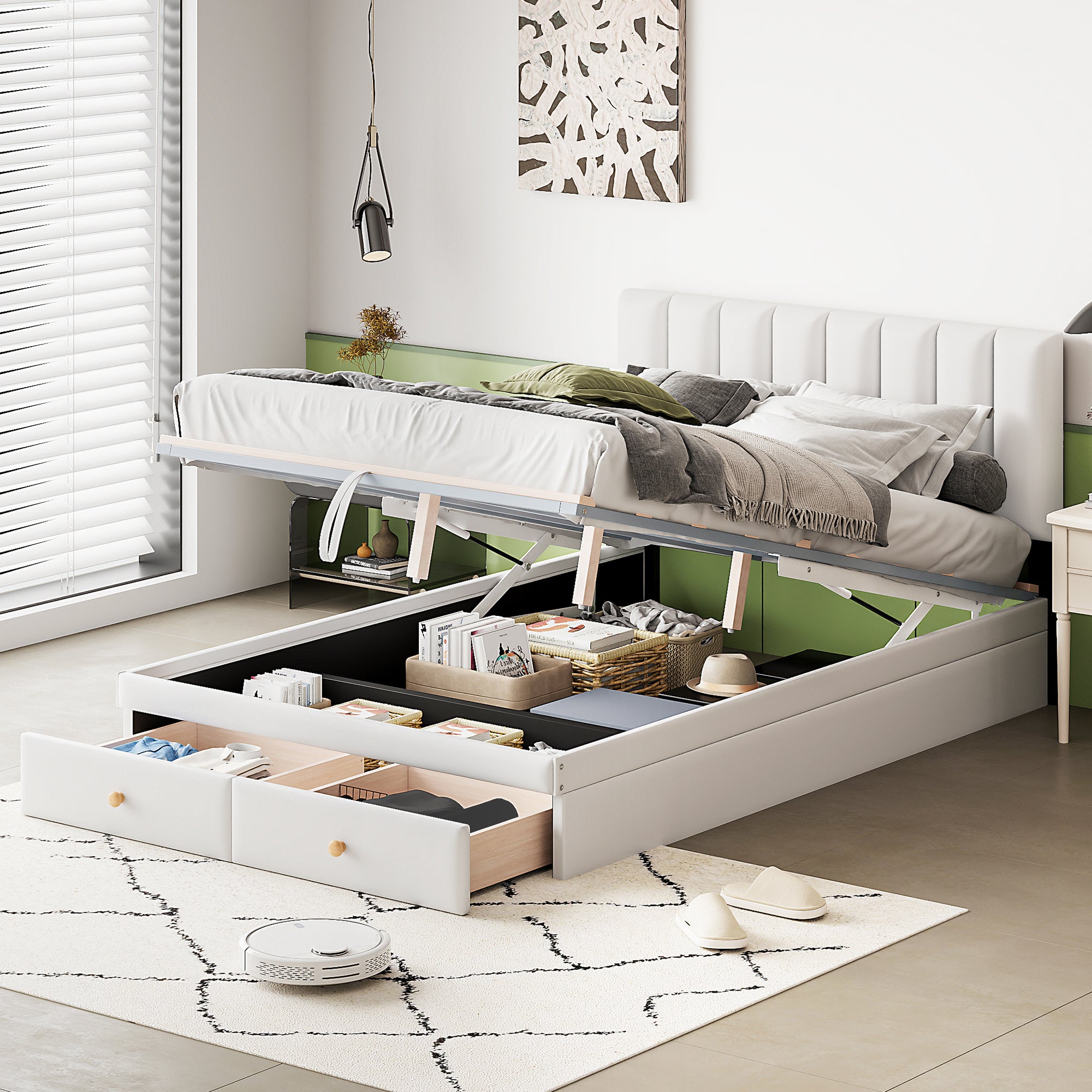 Full Size Upholstered Bed with Hydraulic Storage System and Drawer, White - Atlantic Fine Furniture Melbourne FL