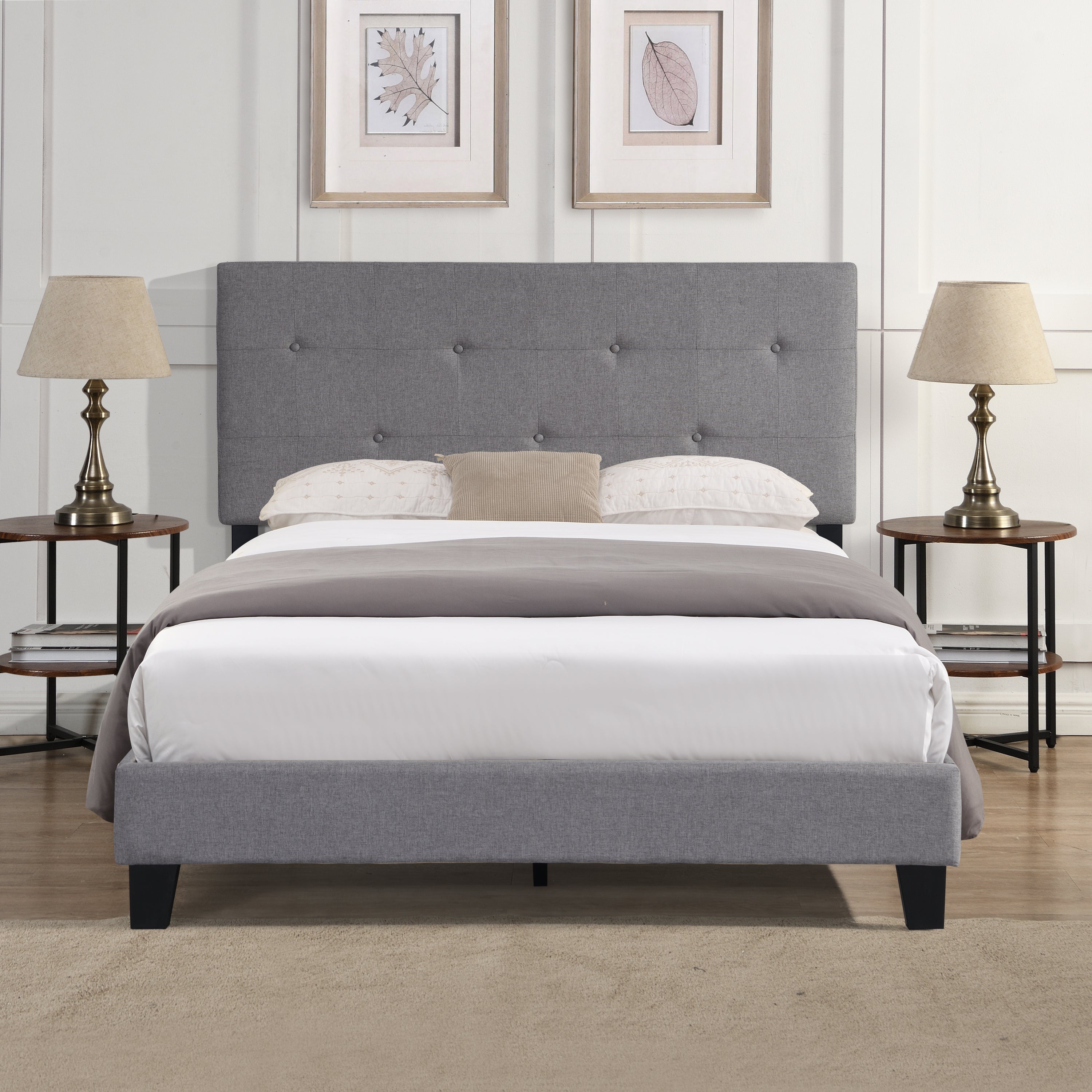 Full Size Upholstered Platform Bed Frame with Modern Button Tufted Linen Fabric Headboard, No Box Spring Needed, Wood Slat Support, Easy Assembly, Grey
