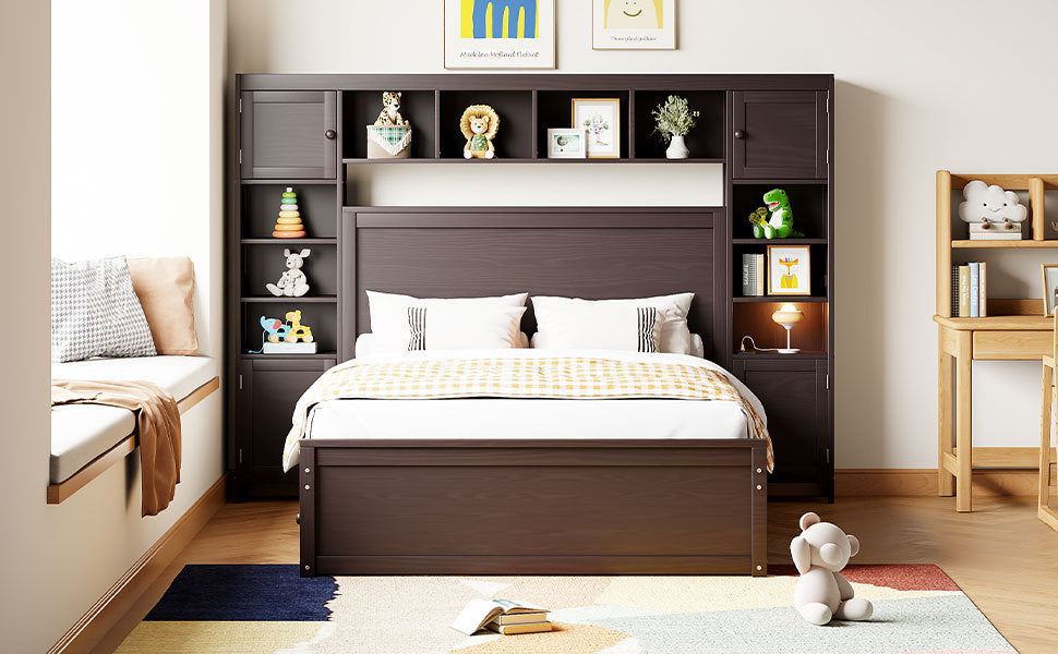 Full Size Wooden Bed With All-in-One Cabinet, Shelf and Sockets, Espresso - Atlantic Fine Furniture Melbourne FL