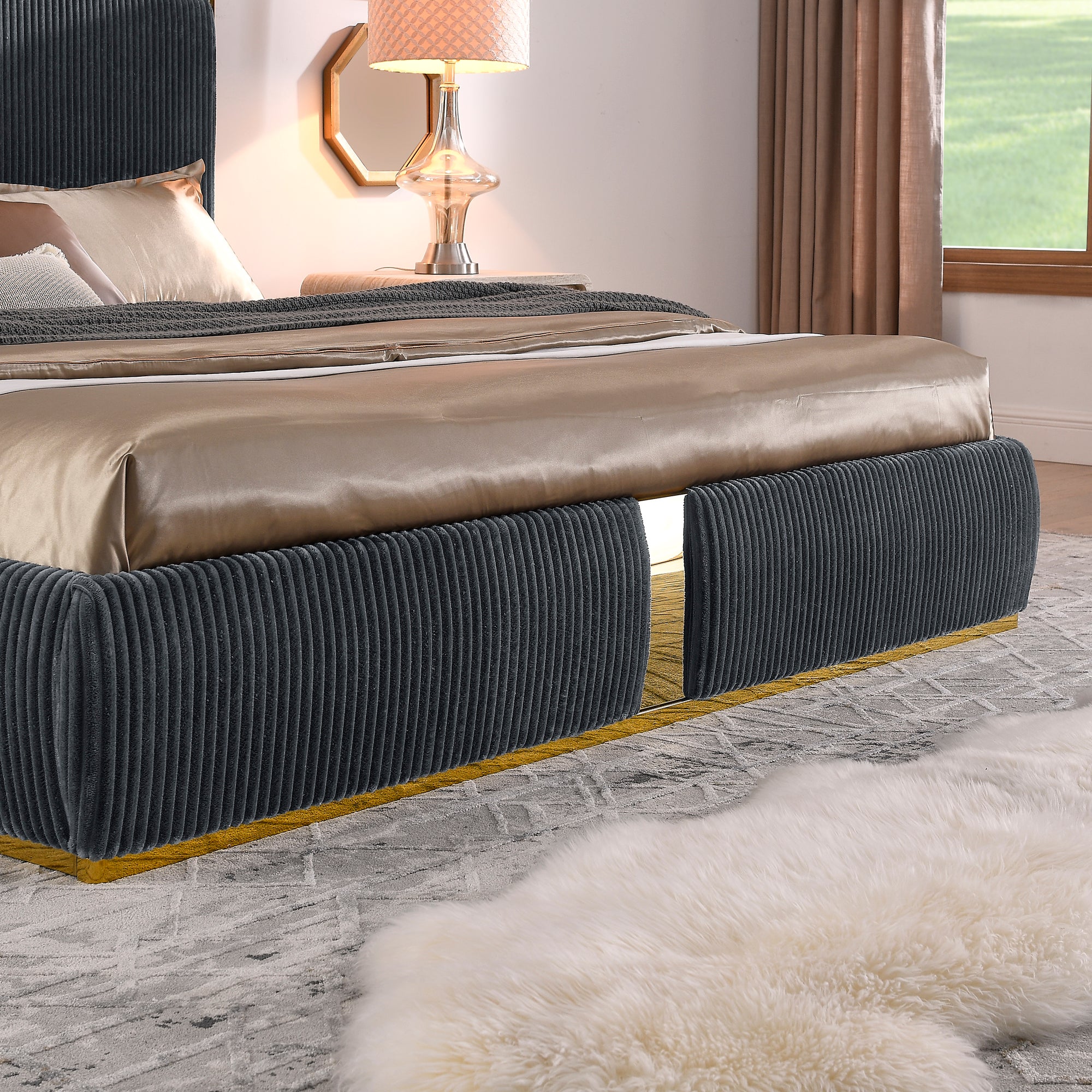 Corduroy Upholstered Bed Frame King Size 59.5" Tall Headboard Queen Bed Frame Metal Decoration /No Box Spring Needed