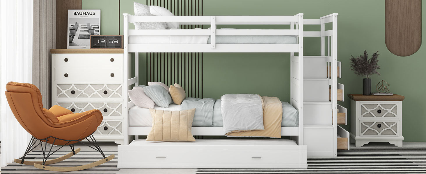 Twin Over Twin Bunk Bed with Trundle and Staircase,White(OLD SKU:LT000068AAK) - Atlantic Fine Furniture Melbourne FL