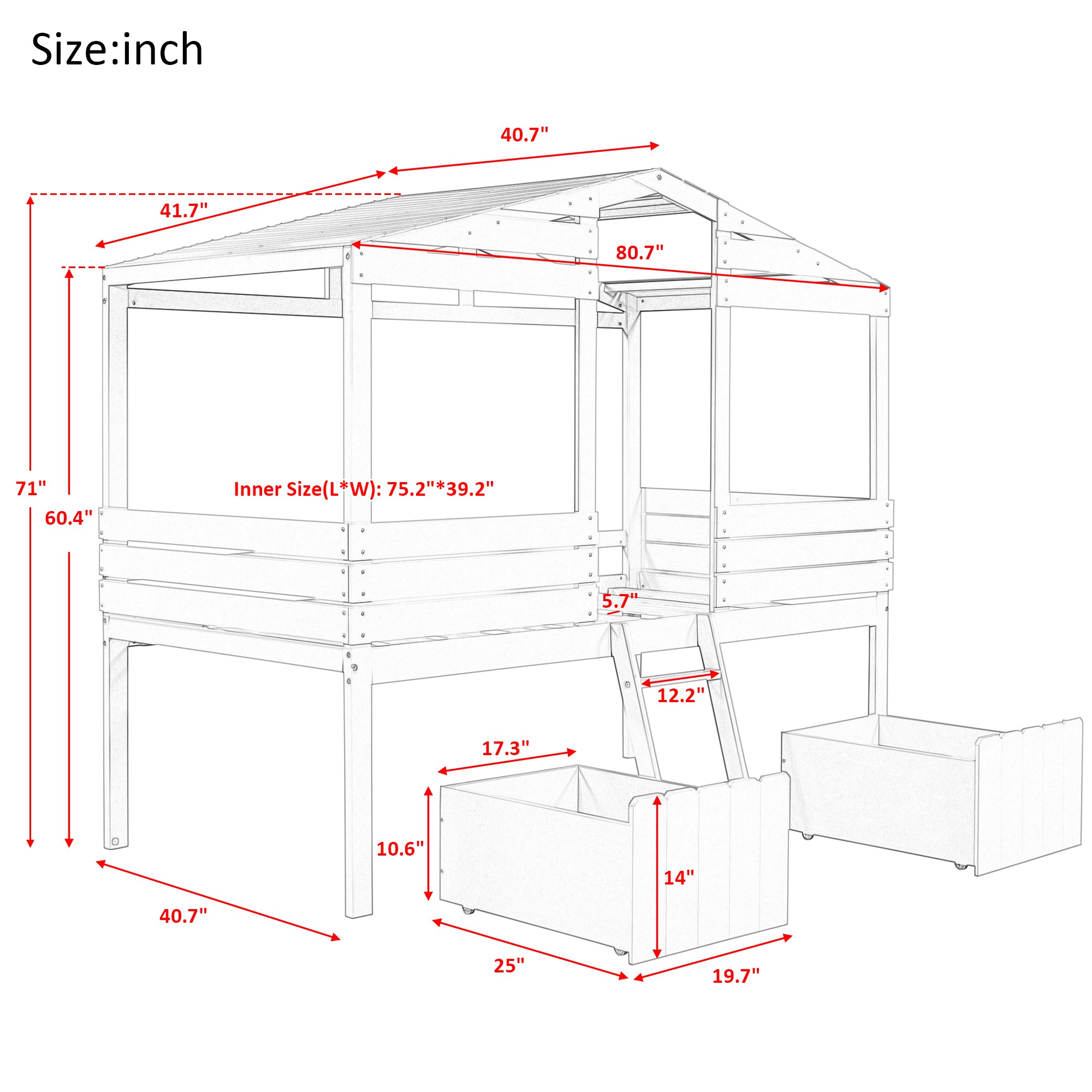Twin Size Low Loft Wood House Bed with Two Drawers, White - Atlantic Fine Furniture Melbourne FL