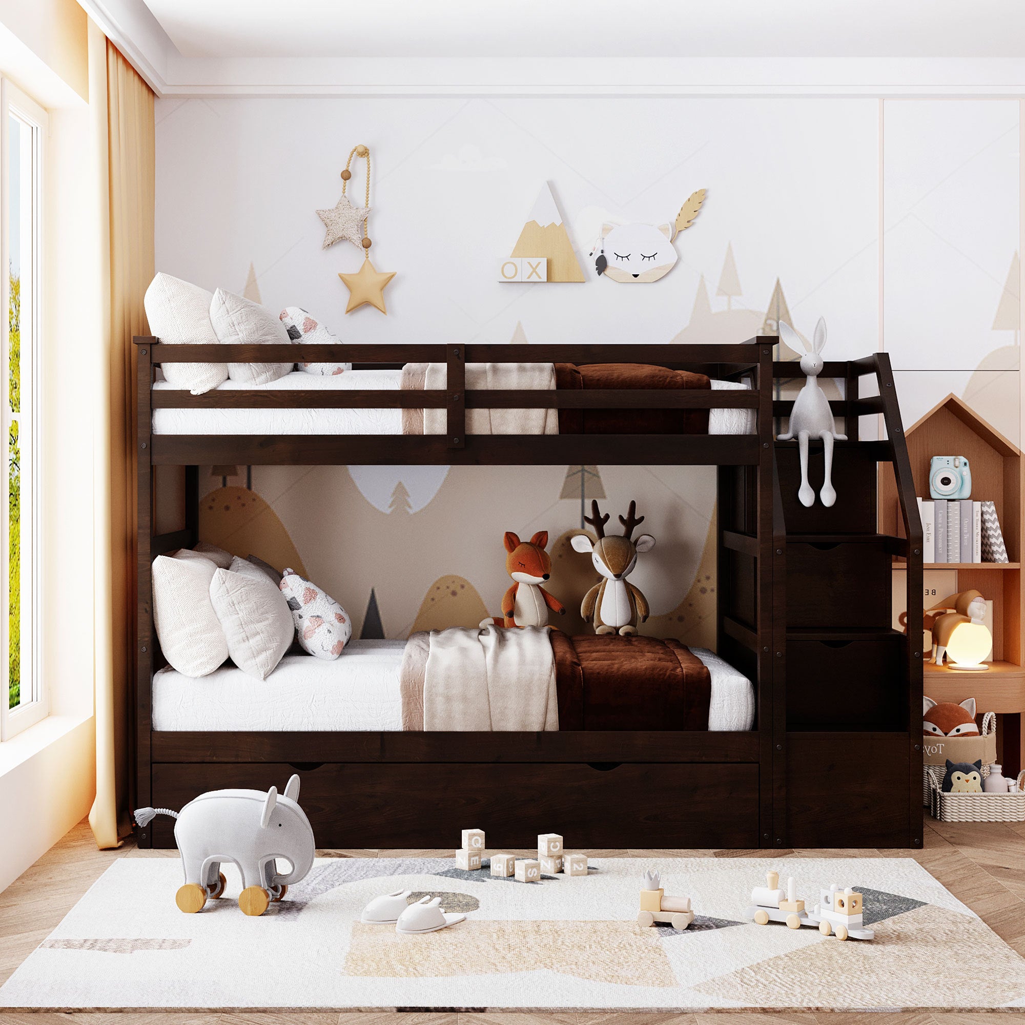 Twin-Over-Twin Bunk Bed with Twin Size Trundle and 3 Storage Stairs,Espresso (OLD SKU :LP000064AAP) - Atlantic Fine Furniture Melbourne FL