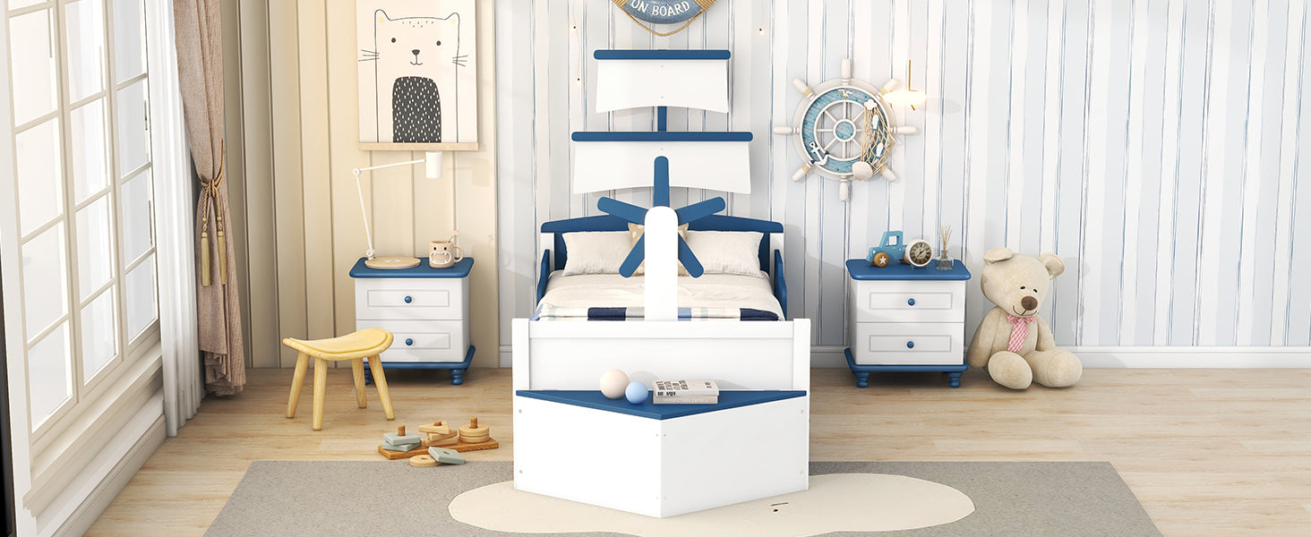 3-Pieces Bedroom Sets,Twin Size Boat-Shaped Platform Bed with Trundle and Two Nightstands,White+Blue - Atlantic Fine Furniture Melbourne FL