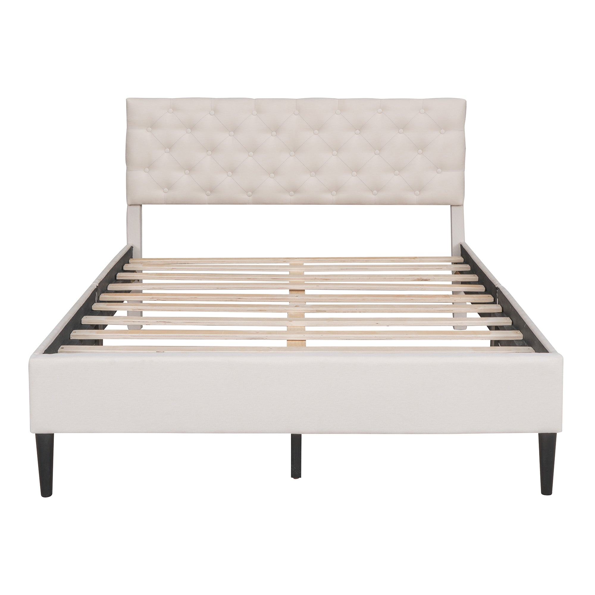 Upholstered Linen Platform Bed, Full Size, Beige