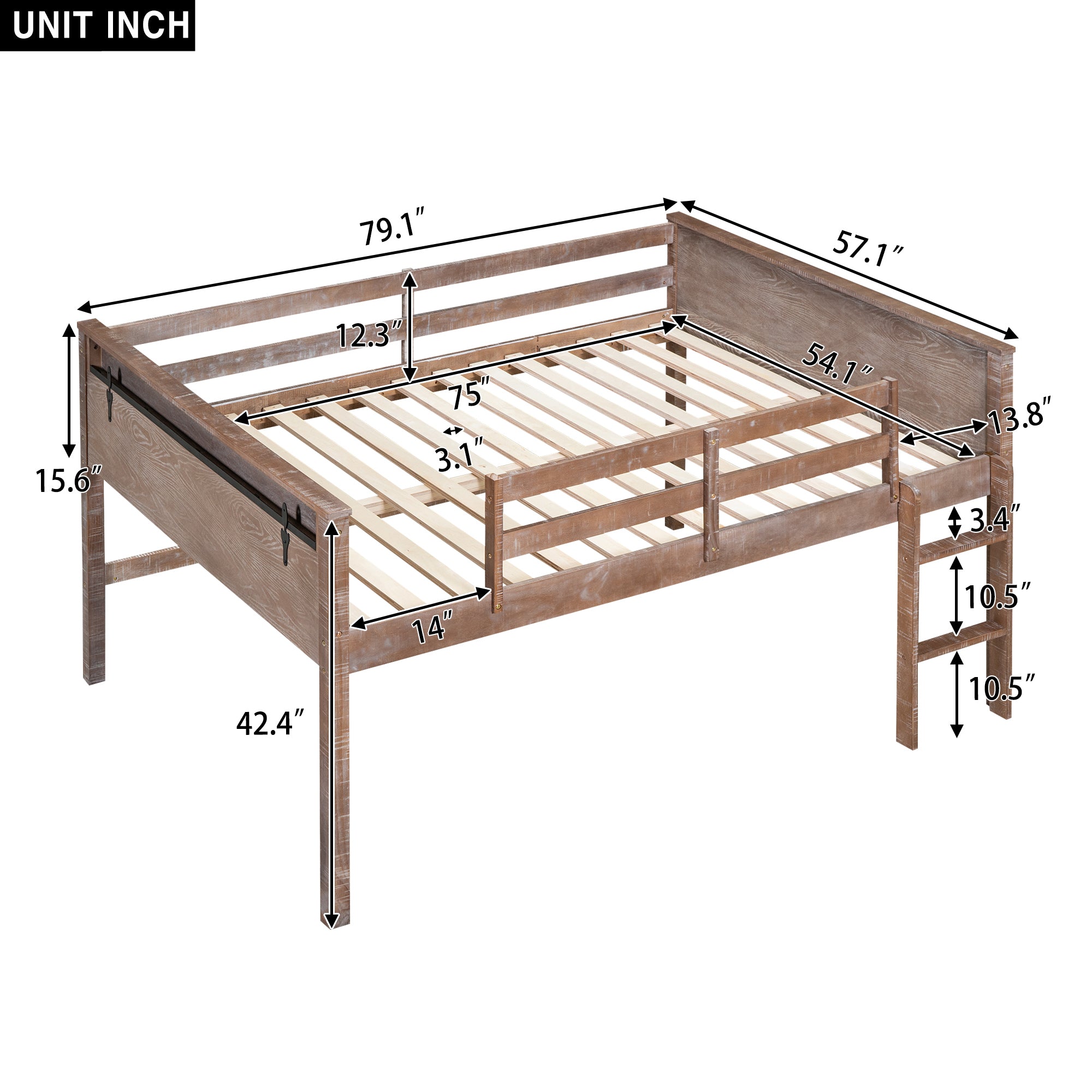 Wood Full Size Loft Bed with Hanging Clothes Racks, White Rustic Natural - Atlantic Fine Furniture Melbourne FL