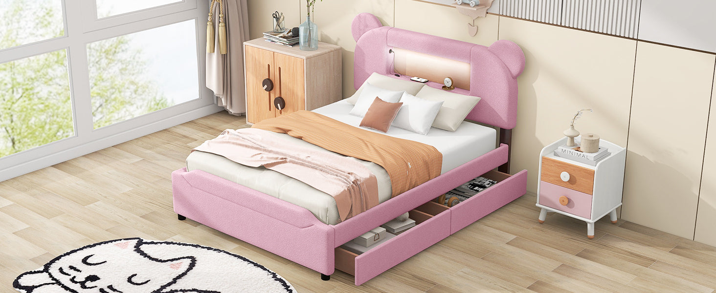 Full Size Upholstered Storage Platform Bed with Cartoon Ears Headboard, LED and USB, Pink - Atlantic Fine Furniture Melbourne FL