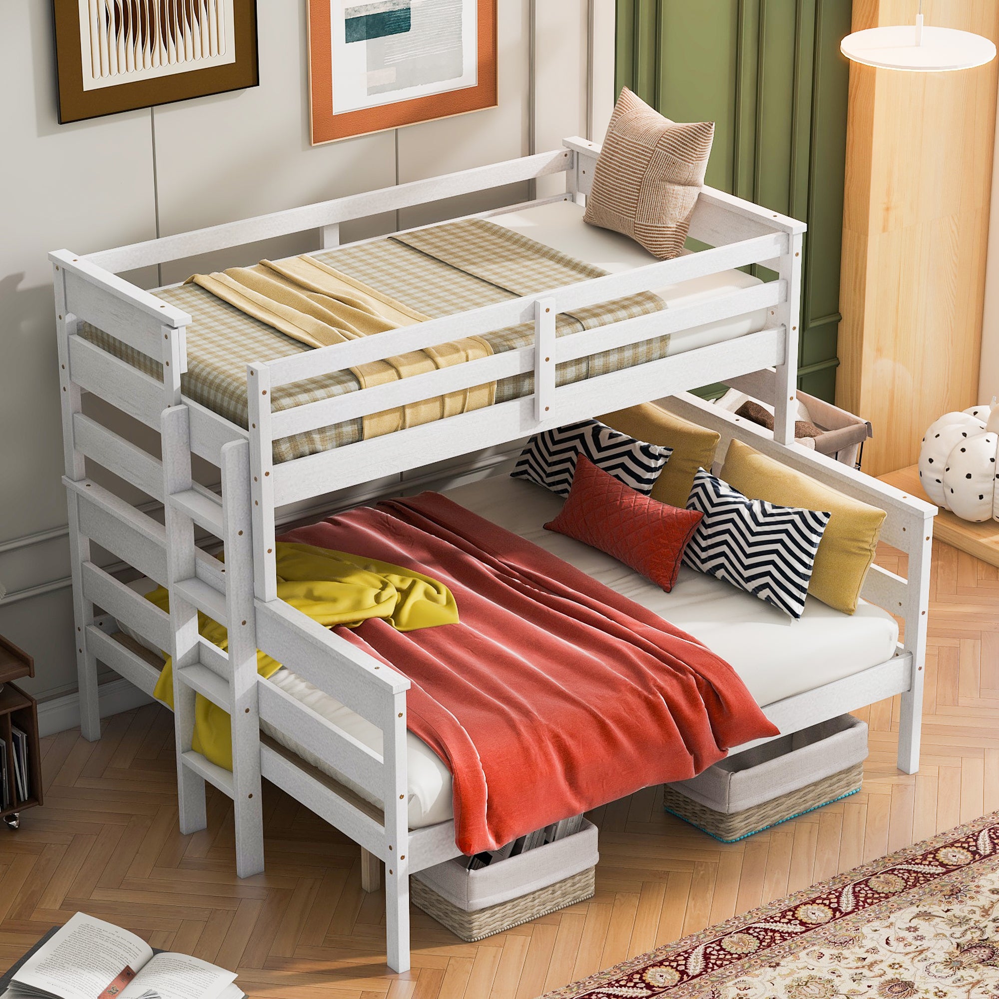 Wood Twin XL over Queen Bunk Bed with Ladder, White - Atlantic Fine Furniture Melbourne FL
