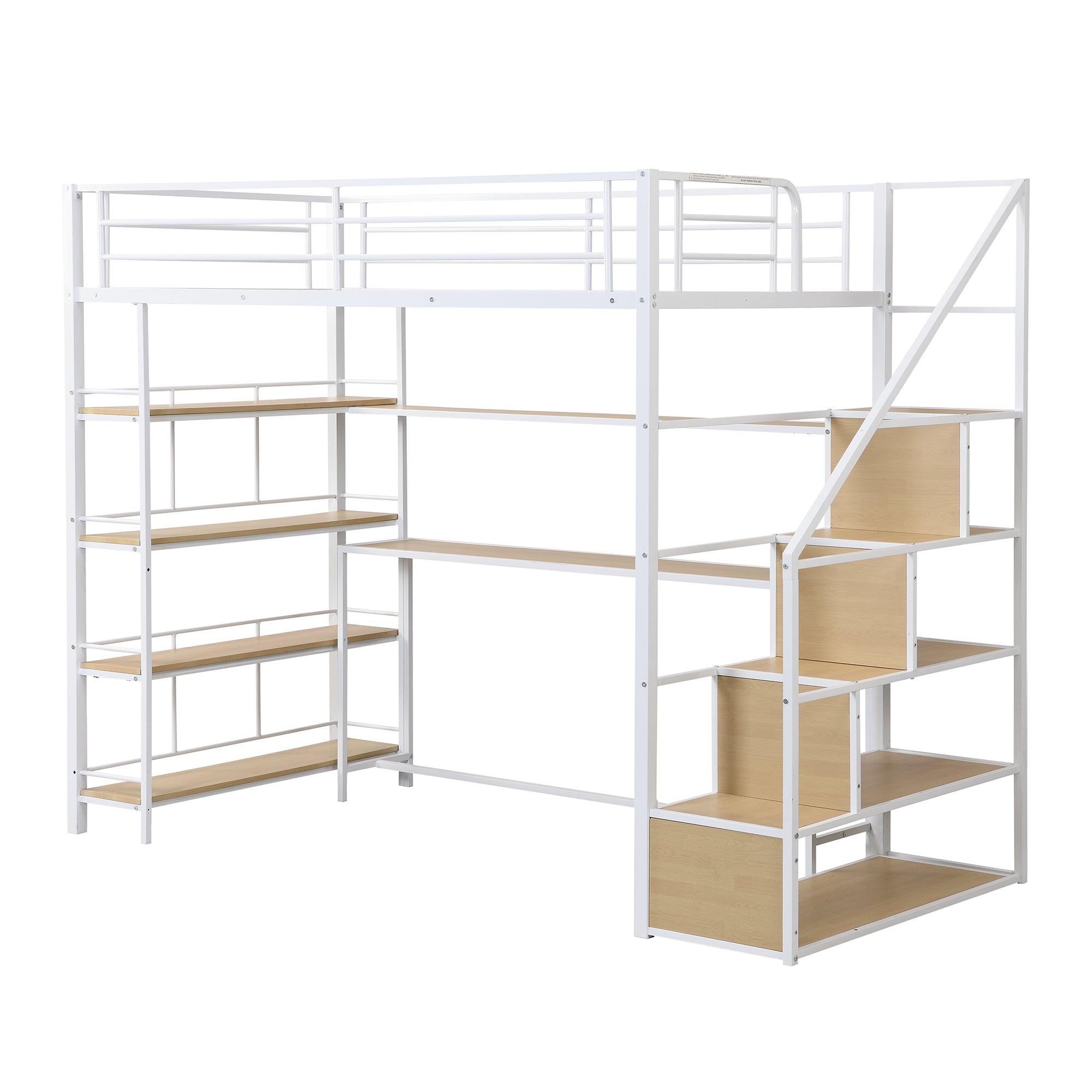 Twin Size Metal Loft bed with Staircase, Built-in Desk and Storage Shelves, White - Atlantic Fine Furniture Melbourne FL