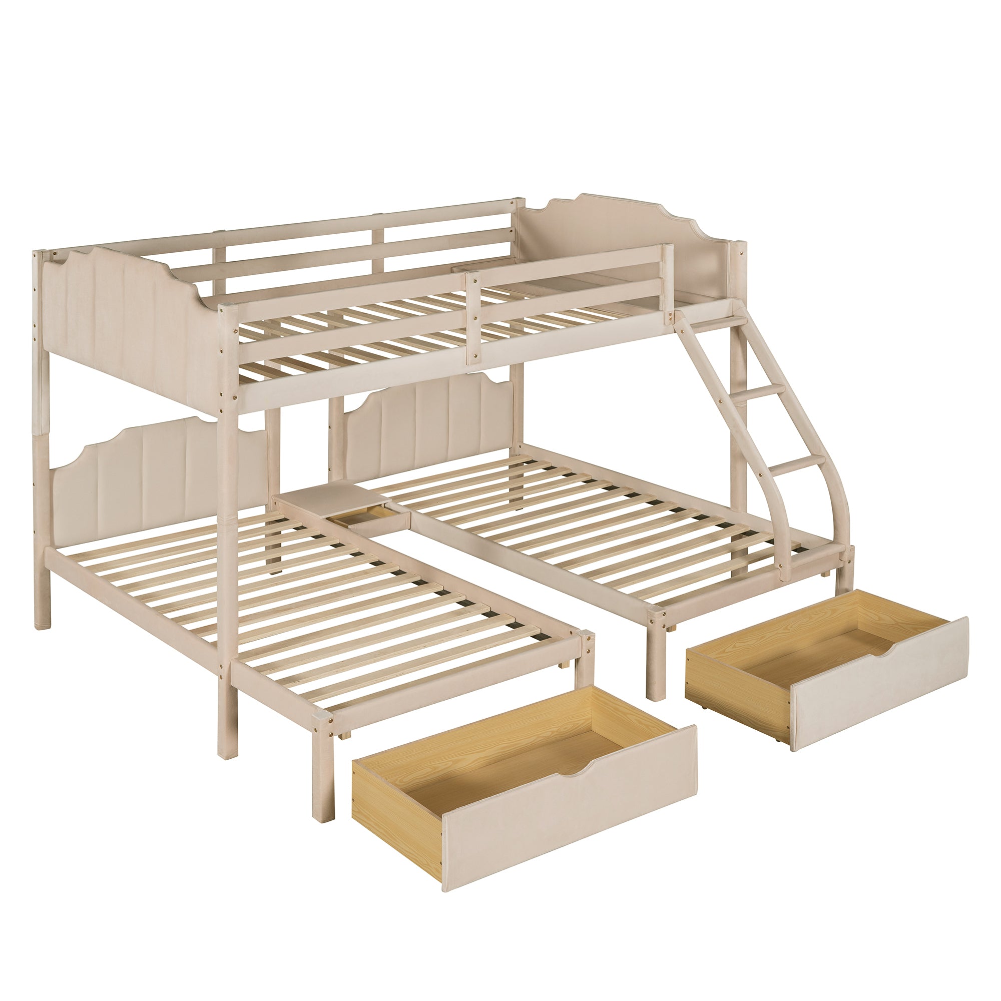 Full Over Twin & Twin Bunk Bed, Velvet Triple Bunk Bed with Drawers and Guardrails, Beige - Atlantic Fine Furniture Melbourne FL