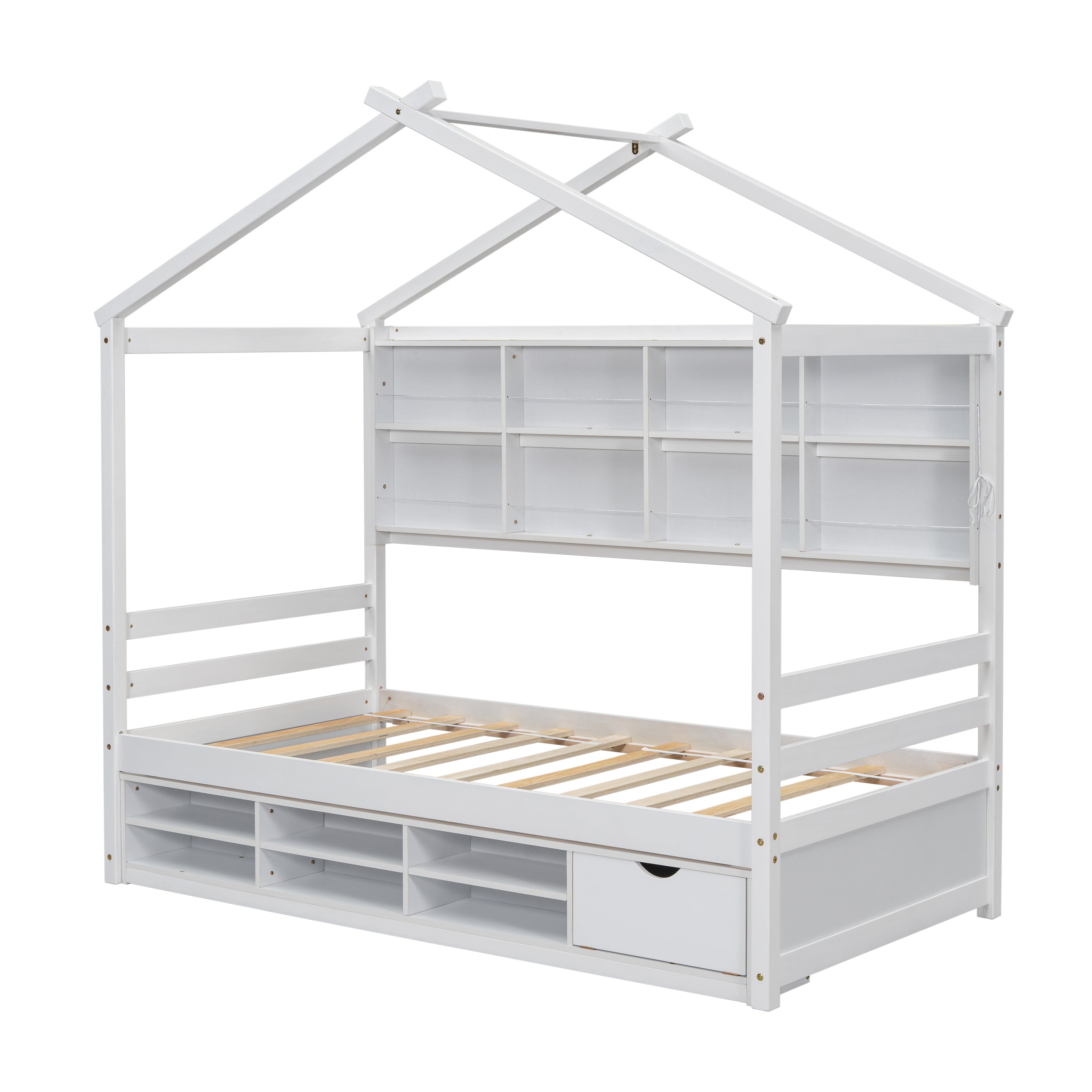 Twin House Bed with Roof Frame, Bedside-shelves, Under Bed Storage Unit,White - Atlantic Fine Furniture Melbourne FL