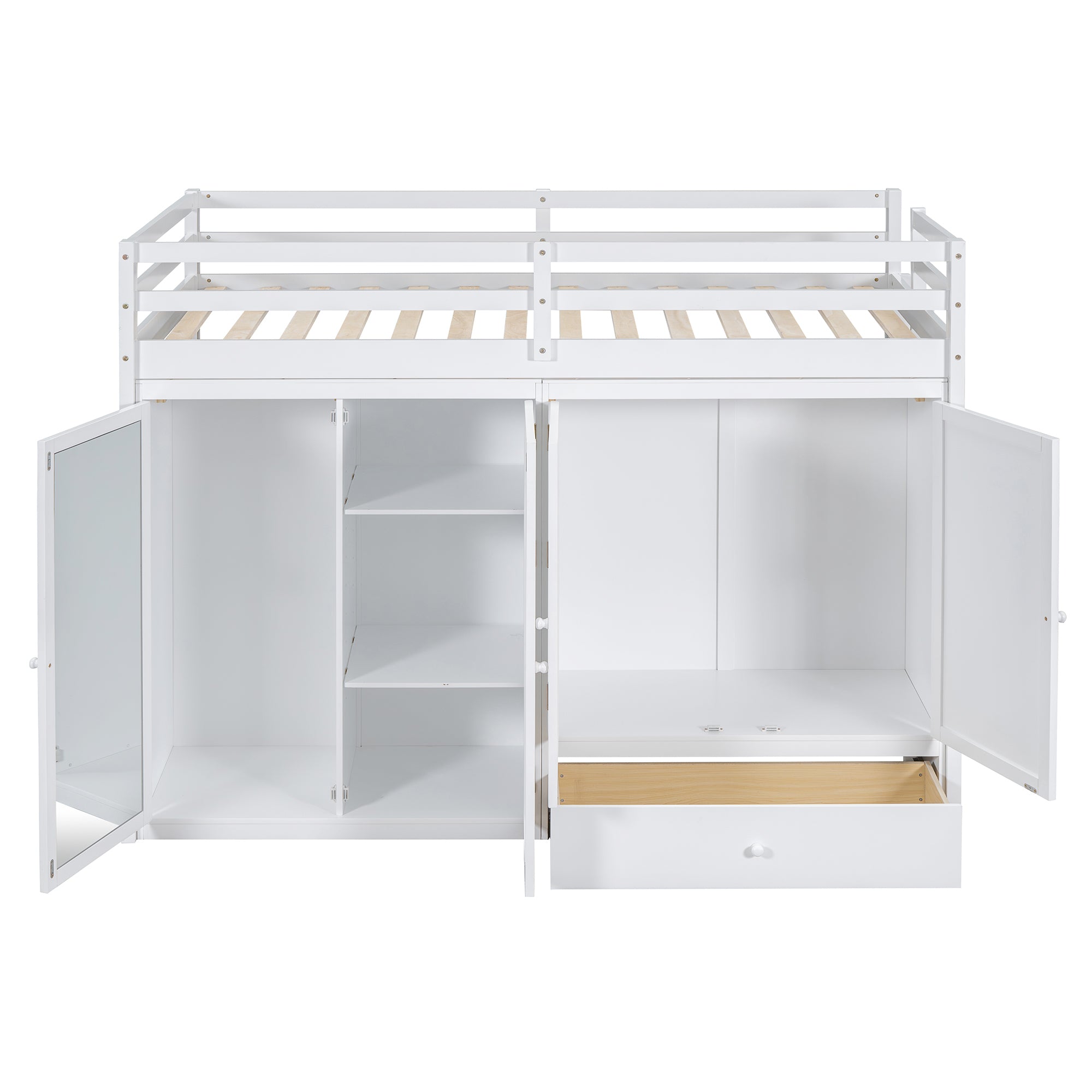 Twin size Loft Bed with Drawer, Two Wardrobes and Mirror, White - Atlantic Fine Furniture Melbourne FL