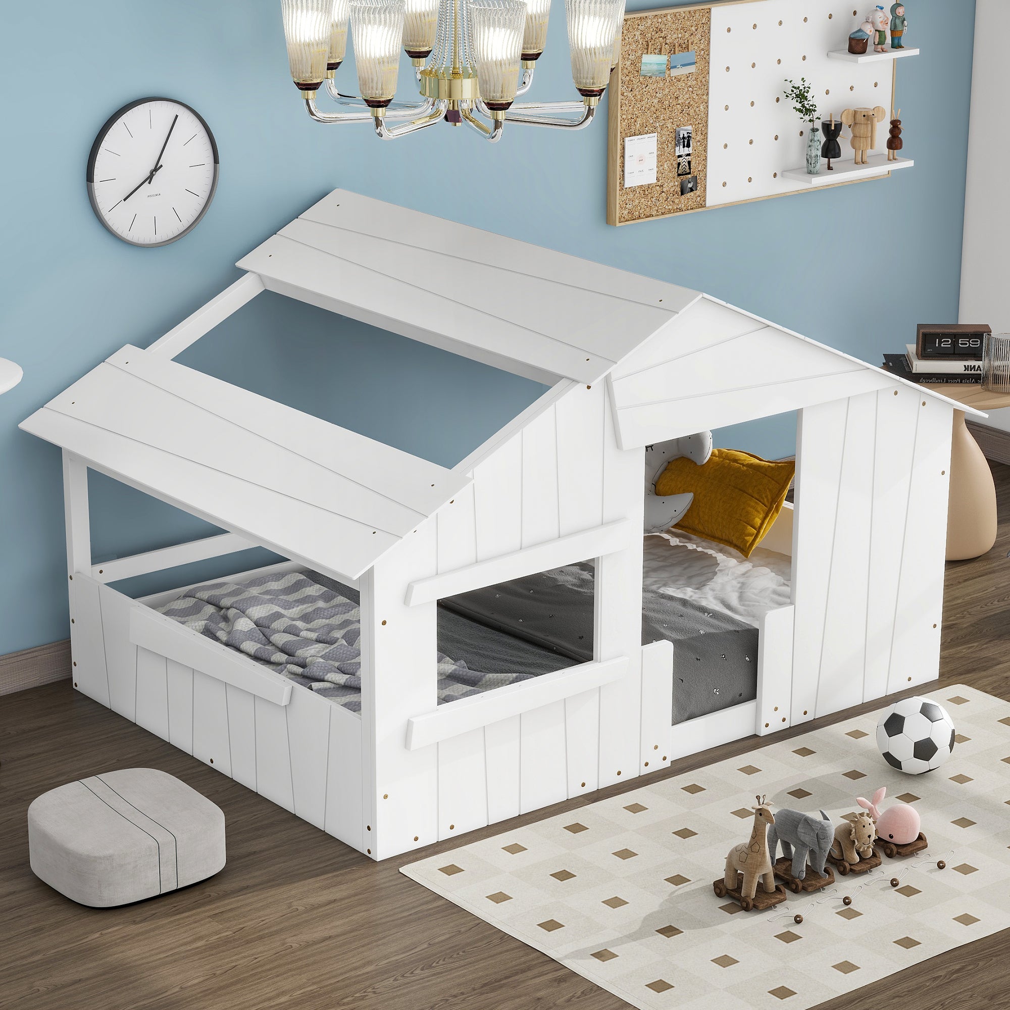Wood Full Size House Bed with Roof, Window and Guardrail, White - Atlantic Fine Furniture Melbourne FL