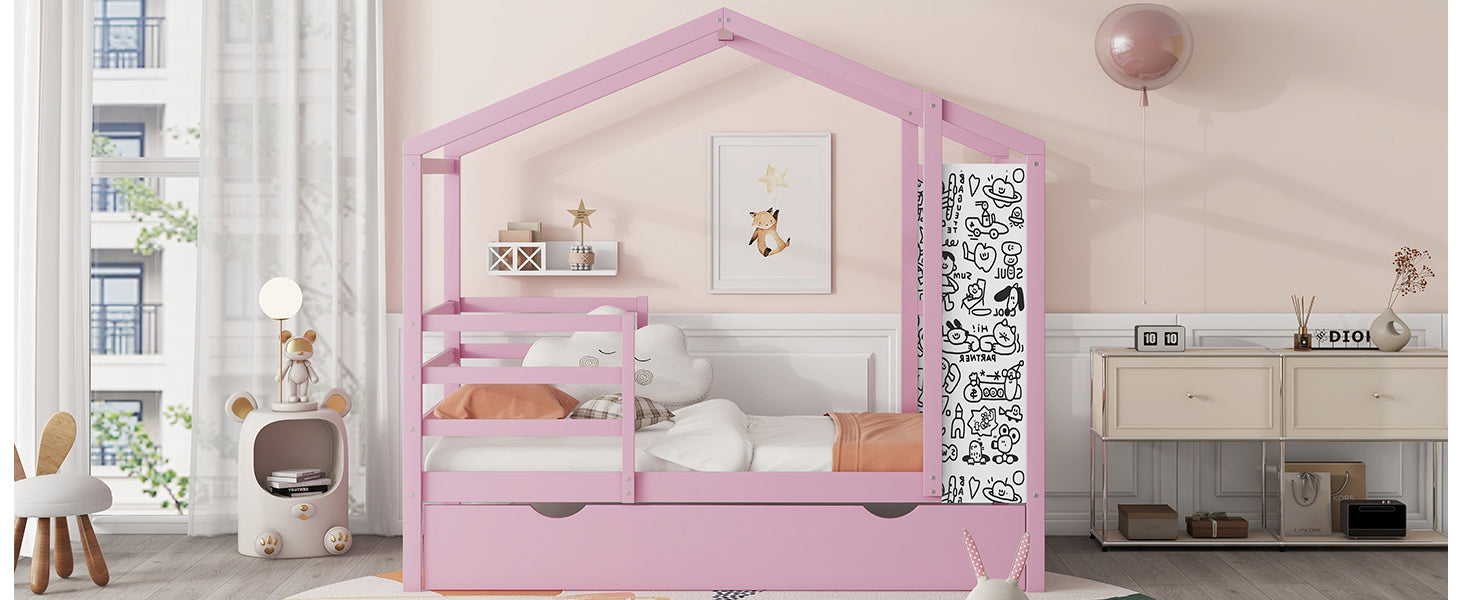 Twin Size Wood House Bed with Fence and Writing Board,Pink - Atlantic Fine Furniture Melbourne FL